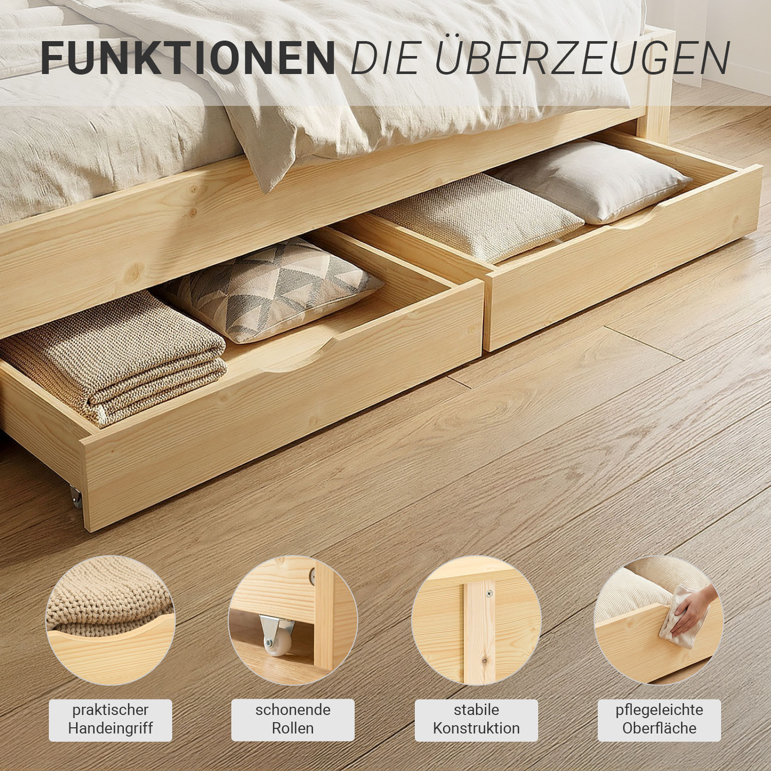 Wood Bed 140x200 cm Natural | Double Bed with Storage 2 Drawers | with Slatted Frame | Solid | Kids Youth Guest Bedroom