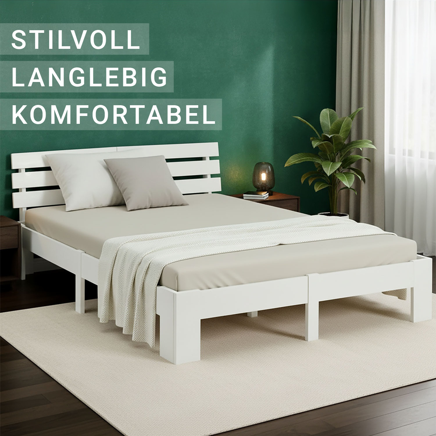 Wood Bed 180x200 cm White | Double Bed | with 2 Mattress | Solid | Kids Youth Guest Bedroom