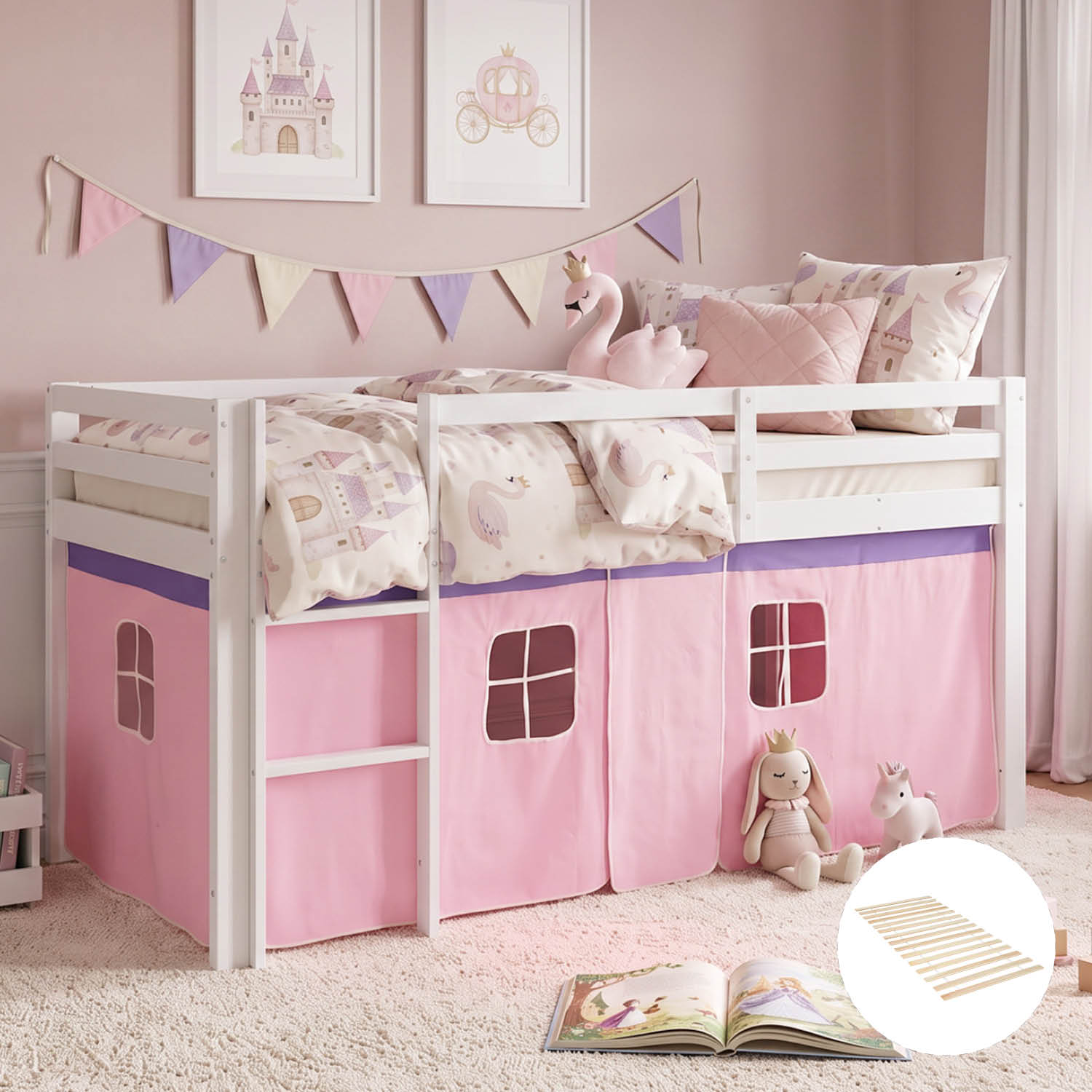 Children's Loft Bed 90x200 cm White with Pink Curtain | Includes Slatted Base