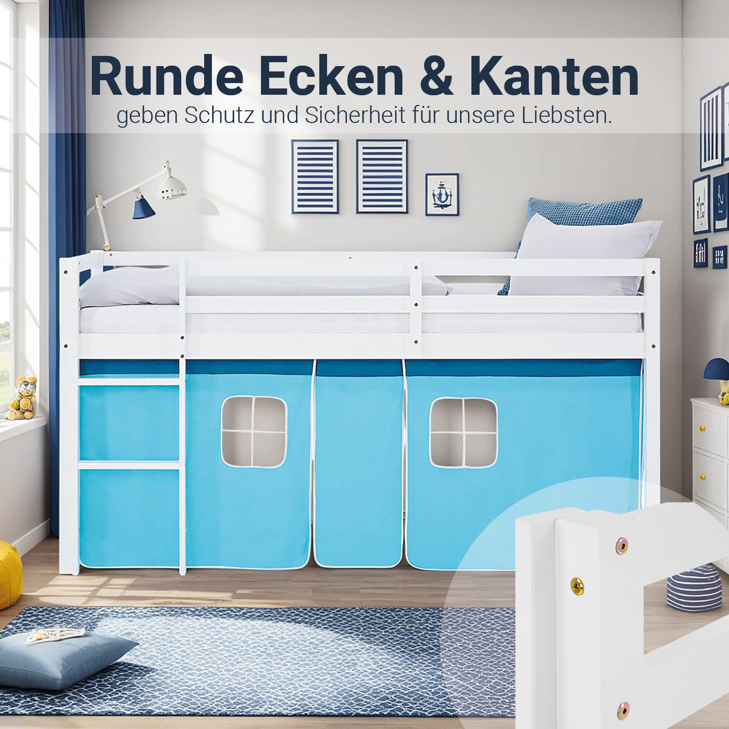Loft Bed for Kids 90x200 cm White with Curtain in Blue | with Slatted Frame