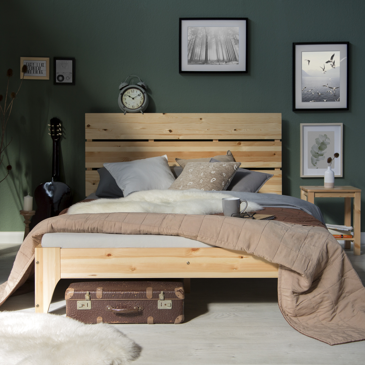 Wood Bed 140x200 cm Natural | Double Bed | with Slatted Frame | Scandinavian Style | Kids Youth Guest Bedroom