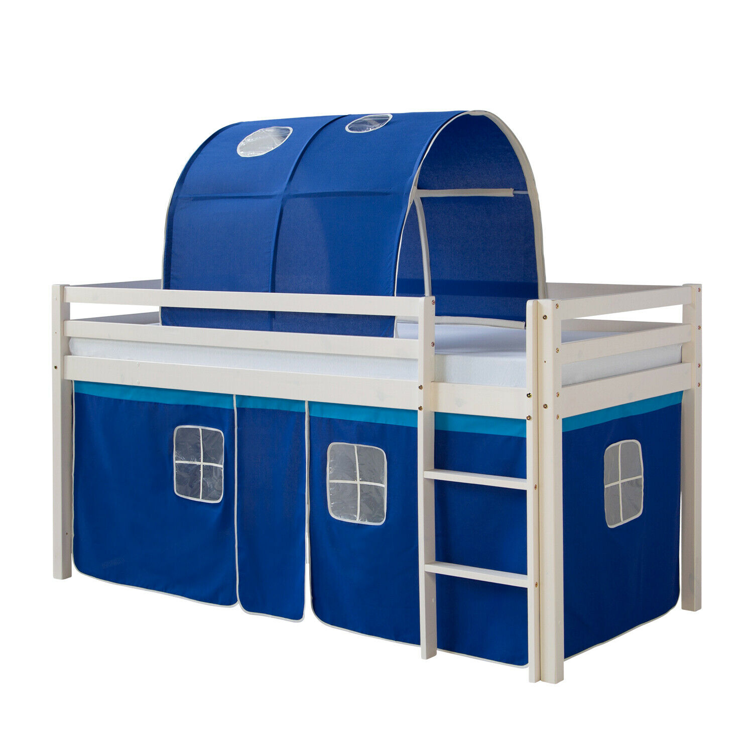 Loft Bed Kids 90x200 cm White with Curtain in Blue | Tunnel | without Slatted Frame Loft Bed Kids 90x200 cm White with Curtain in Blue | Tunnel | without Slatted Frame