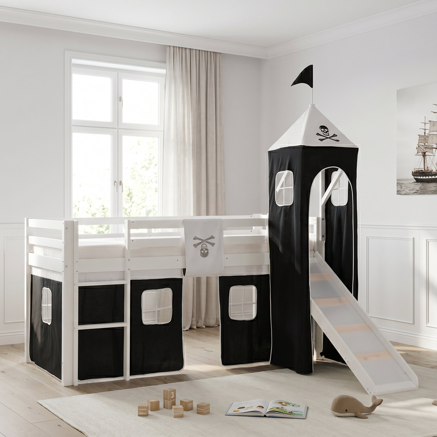 Children's Loft Bed 90x200 cm White with Black Curtain | Tower | Slide | With Slatted Base | For Boys | Pirate