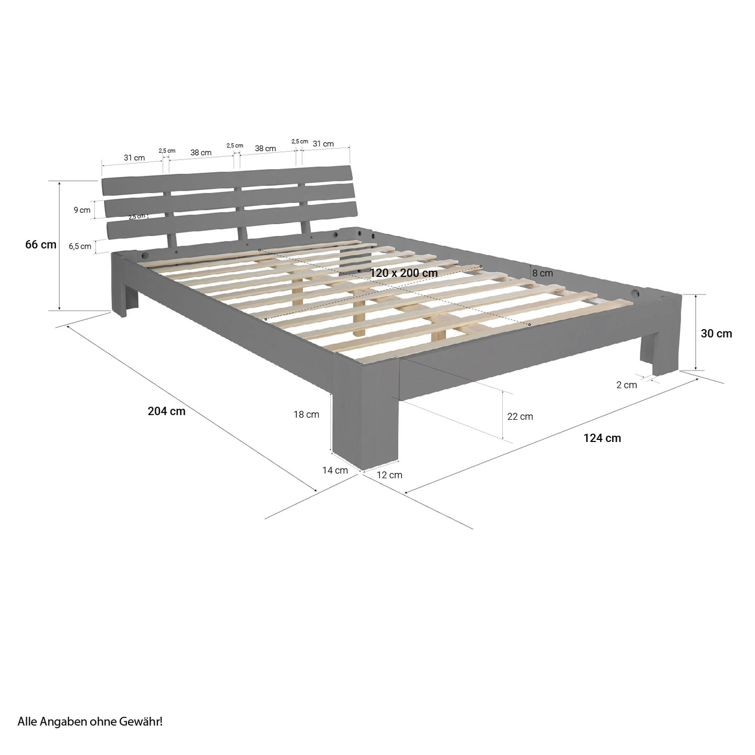 Double Bed with Mattress and Slatted Frame 120x200 Bed Grey Solid Pine Bedstead Wooden Bed Futon Bed