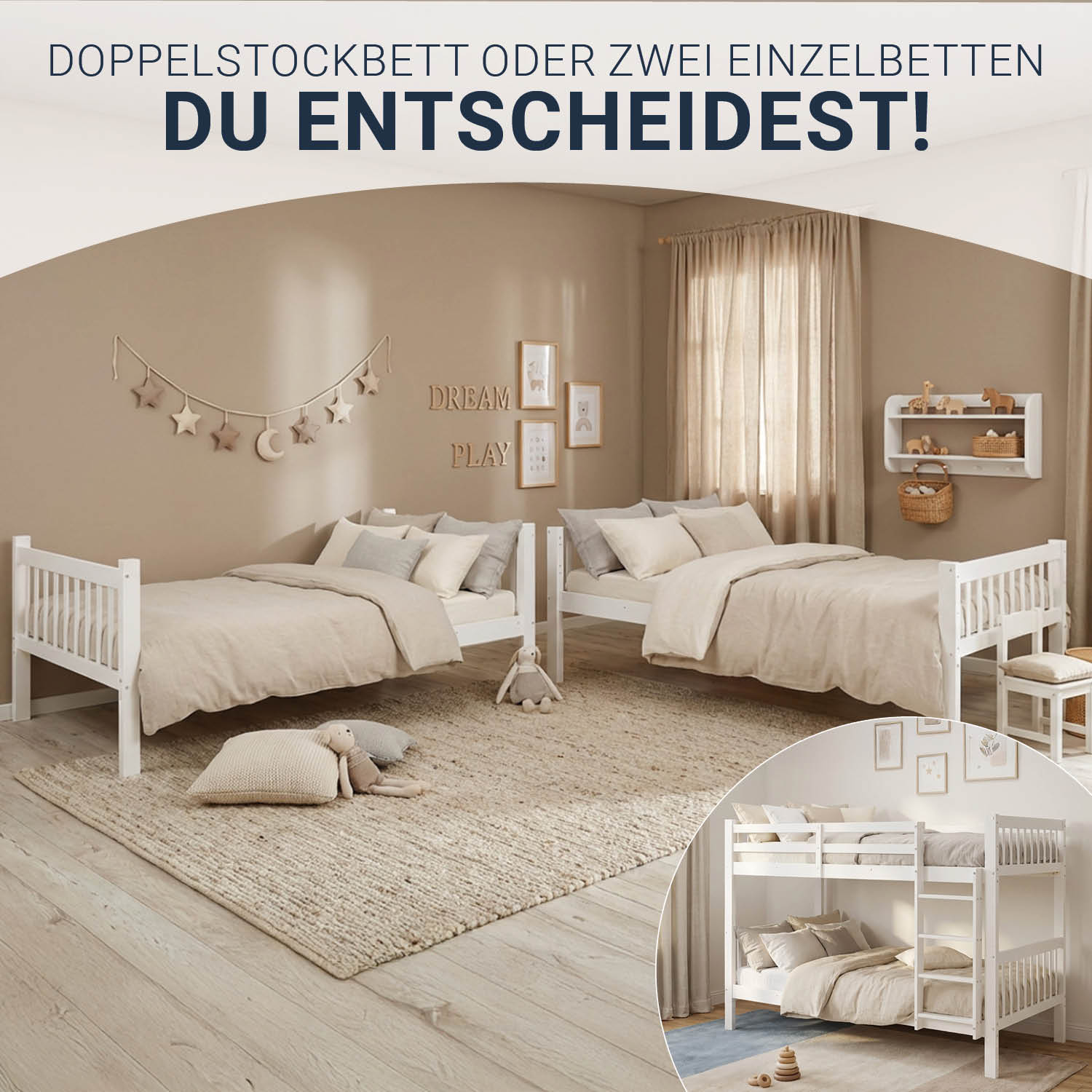 Bunk Bed 90x200 cm White | Kids Bed with Mattress | Fall Protection | Convertible | Massif pine wood