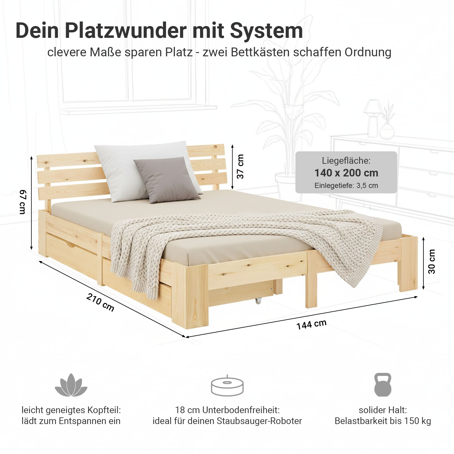Wood Bed 140x200 cm Natural | Double Bed with Storage 2 Drawers | with Slatted Frame | Solid | Kids Youth Guest Bedroom
