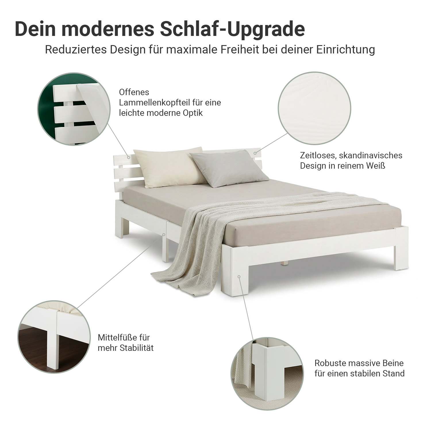 Solid White Pine Wood Bed, 120x200 cm – Futon Bed with Mattress and Slatted Base