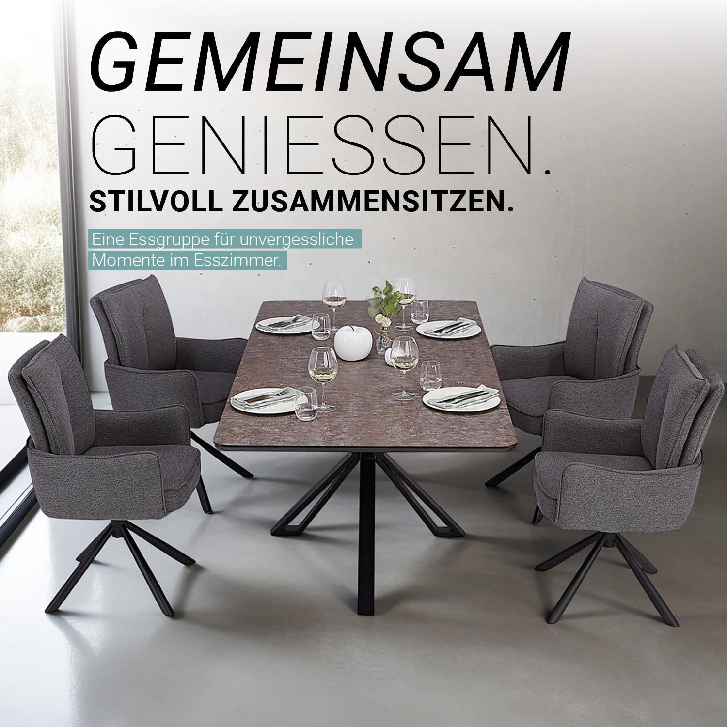 Dining set | 4-piece set upholstered chairs anthracite with armrest | swivel | dining table brown metal frame 200 x 100 cm