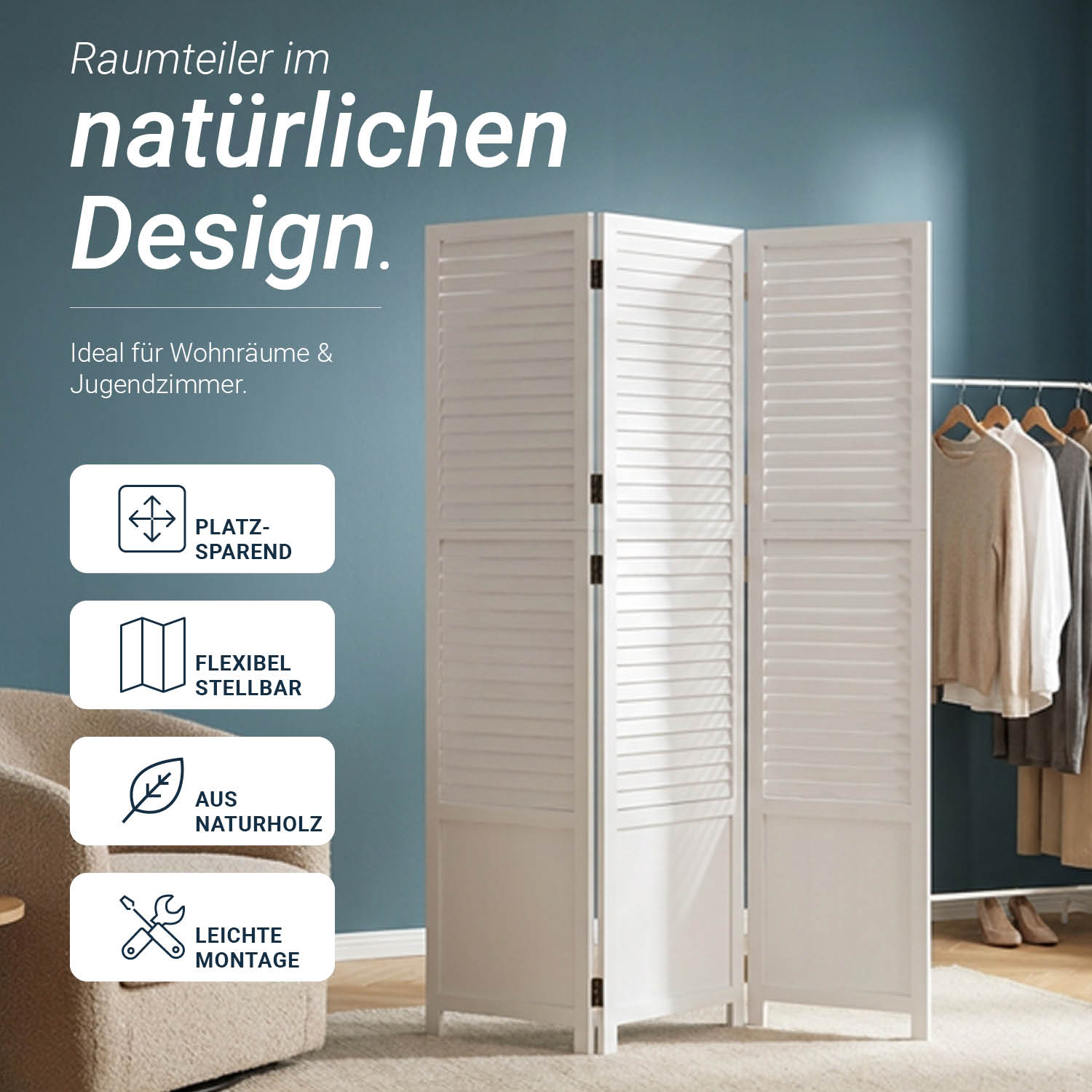 White Wooden Screen (3-panel) – Modern Wooden Room Divider & Privacy Screen