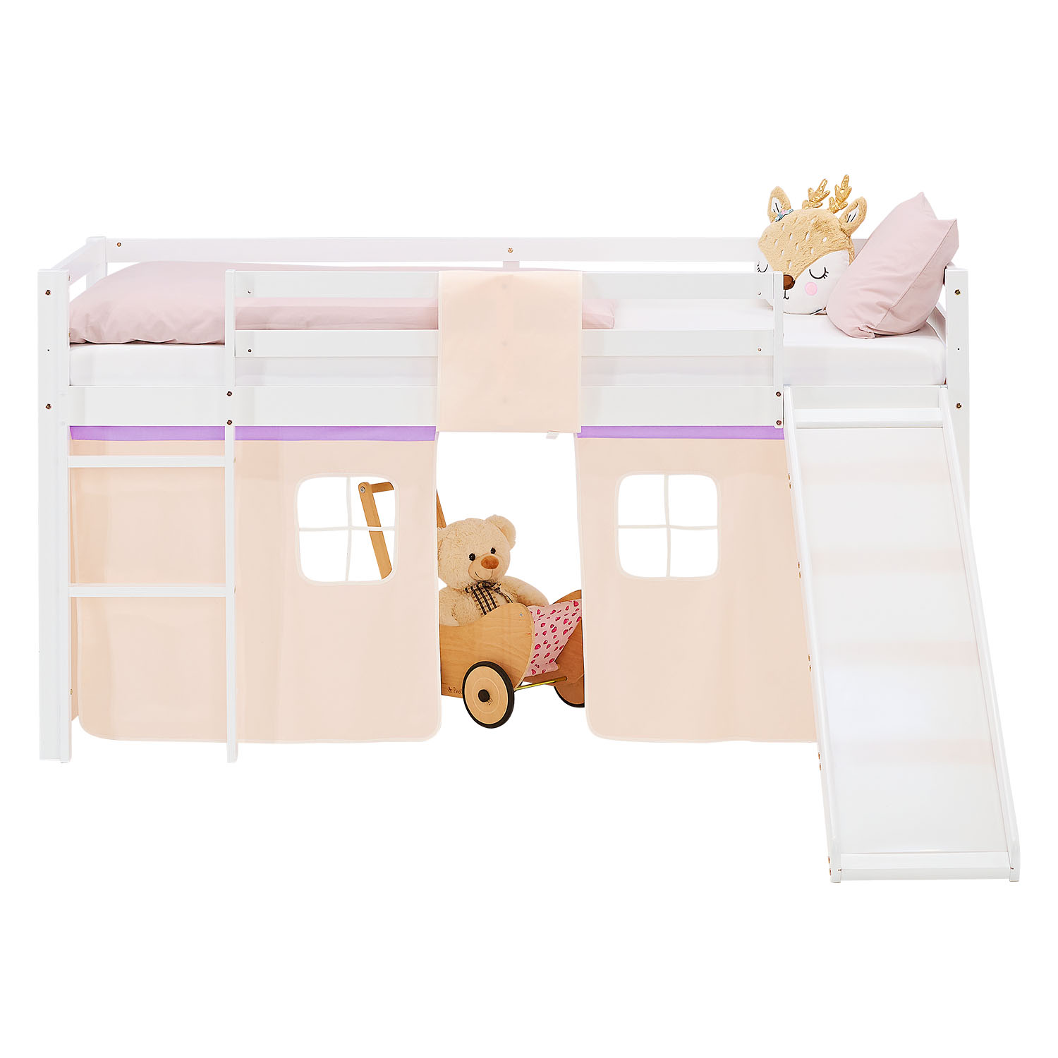 Loft Bed for Kids 90x200 cm White with Curtain in Lilac Beige | Slide | with Slatted Frame and Mattress