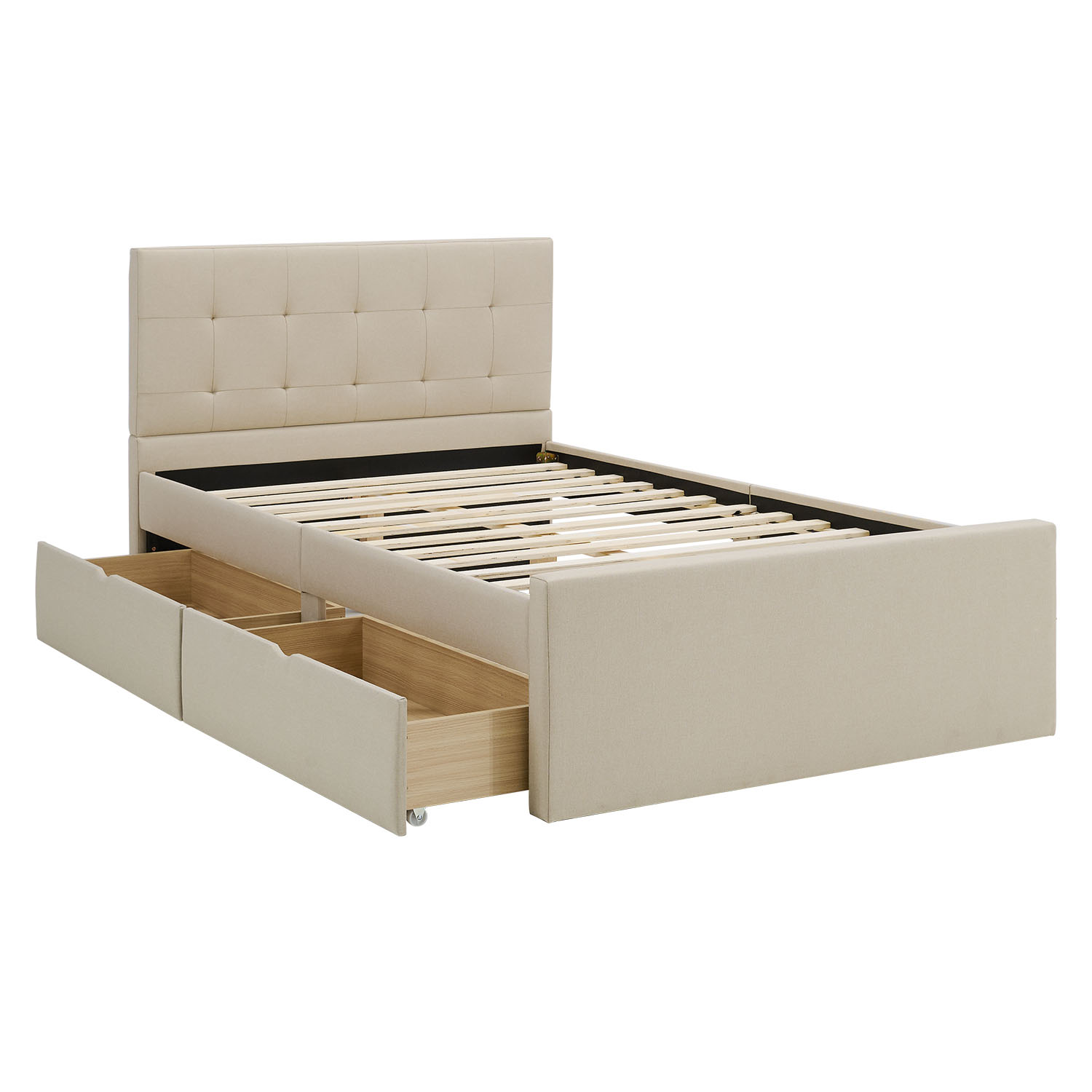 Upholstered bed 140x200 cm beige | with slatted frame | with 2 bed drawers | double fabric bed frame