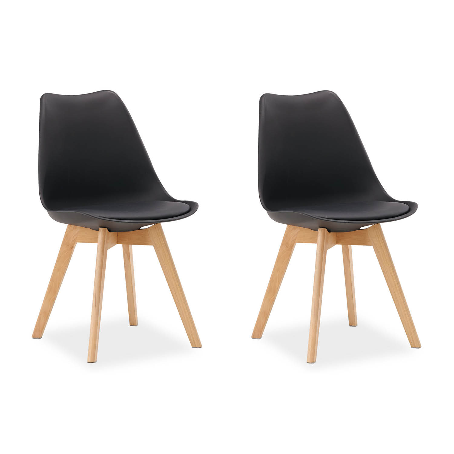 Dining Set (3-Piece): 80x80 cm white dining table with 2 black plastic chairs and wooden legs
