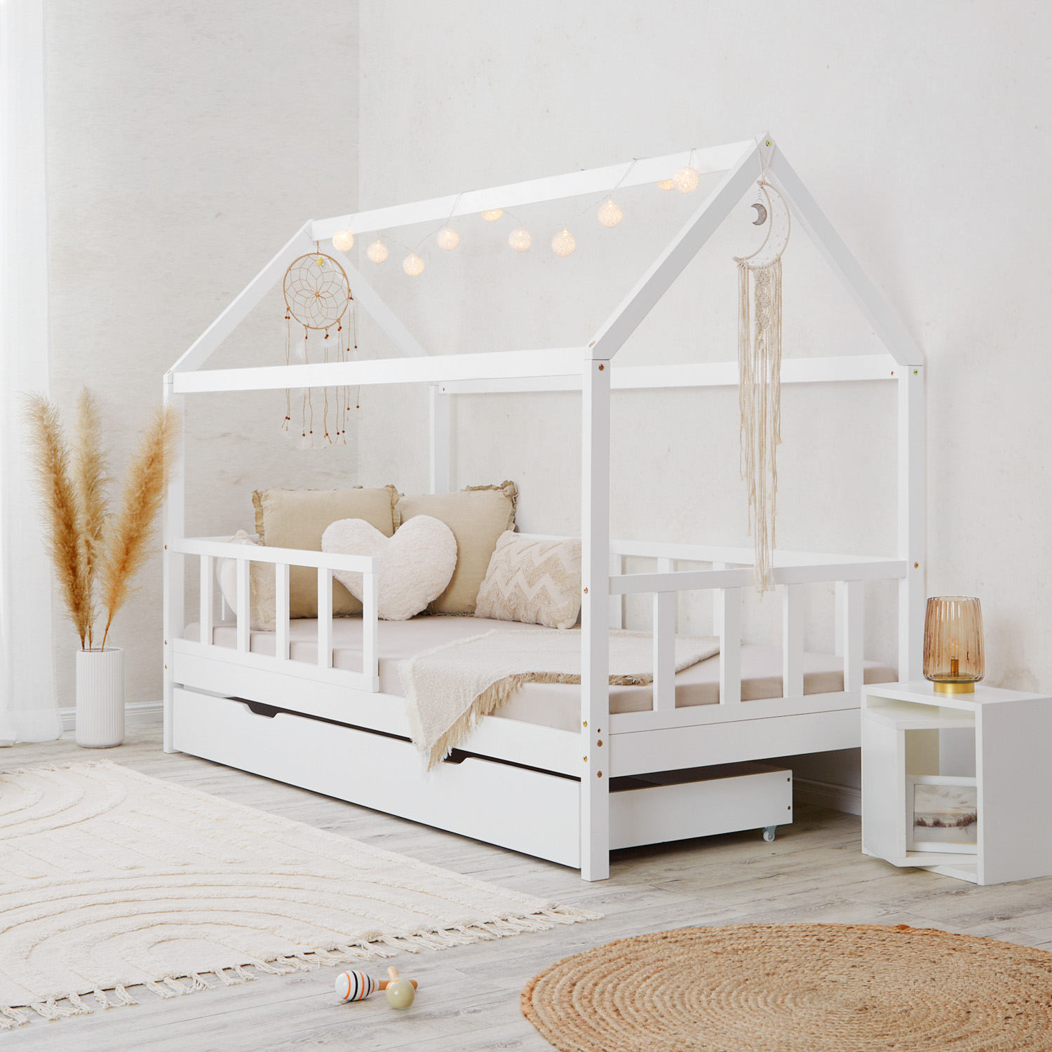 Kinderbett mit Bettkasten Hausbett 90x200 cm Holz Weiß Rausfallschutz Bett Bettenhaus Lattenrost