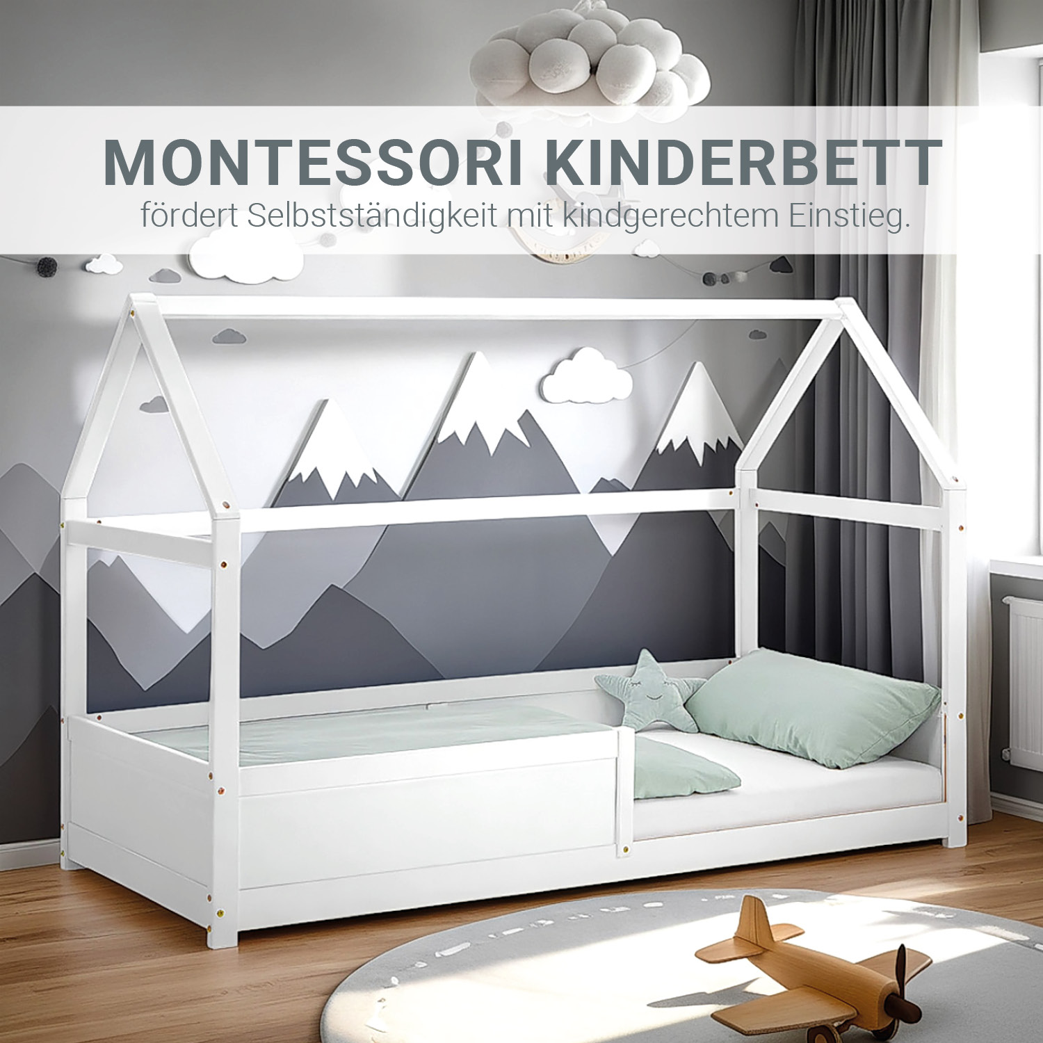 Children's Bed 90x200 cm White | House Bed with Fall Protection | Montessori | Single Bed | with Slatted Frame | Wood