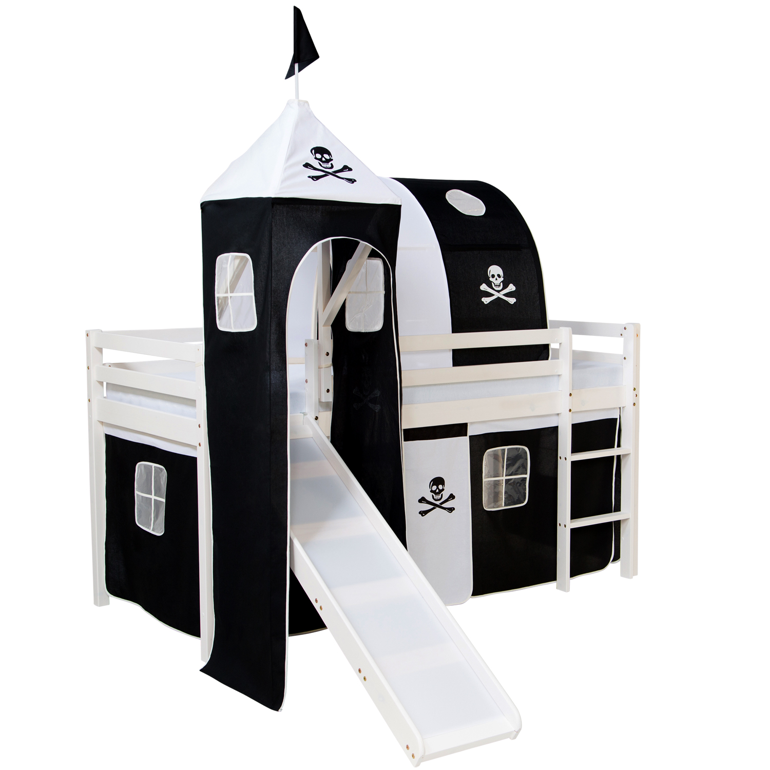 Loftbed 90x200 cm with Tower Tunnel Slide Mattress Bunk bed Childrens bed Solid Pine Wood Slats Curtain Black Pirate