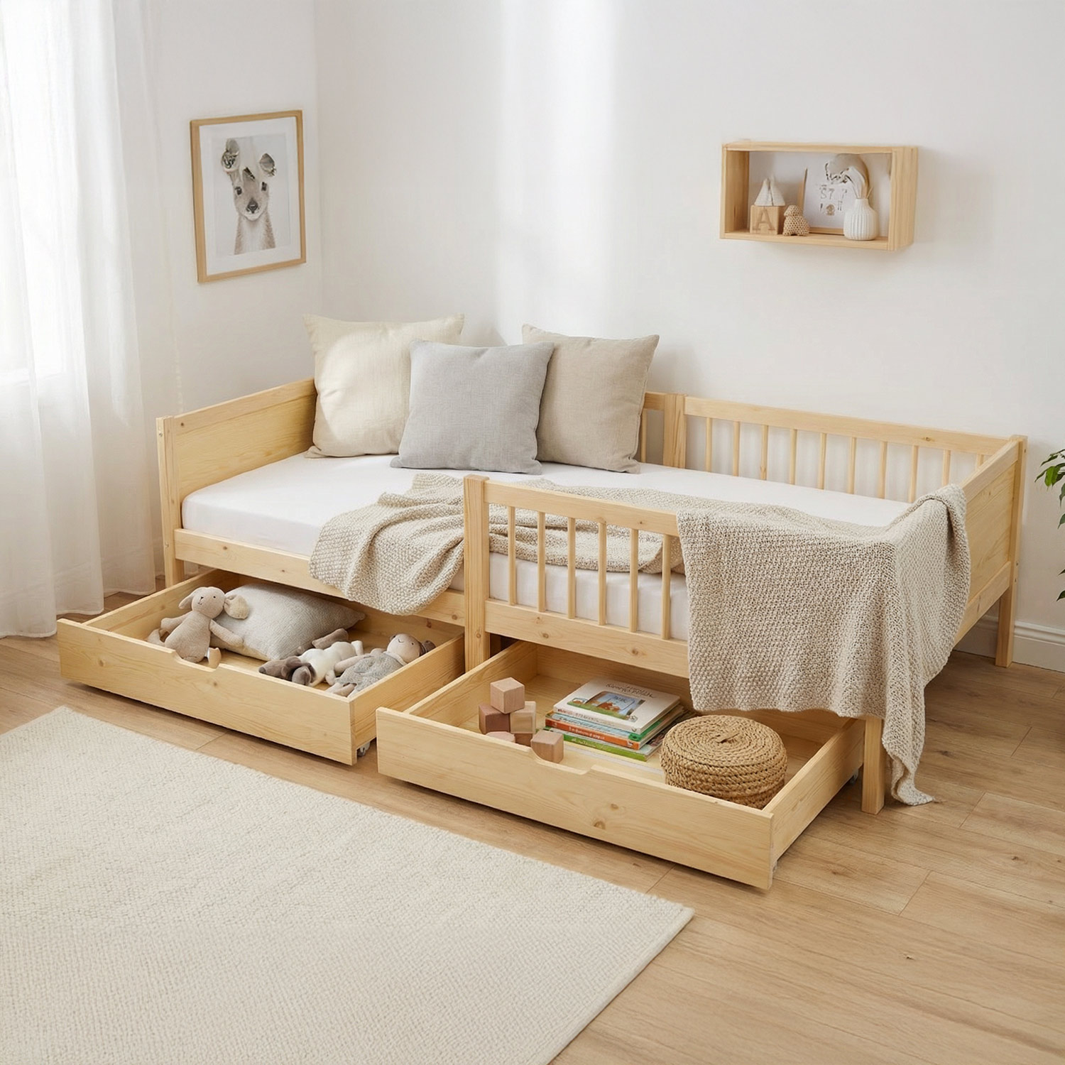 Children's Bed 90x200 cm Natural | Wooden bed with mattress | Single Bed | 2 drawers | Fall Protection