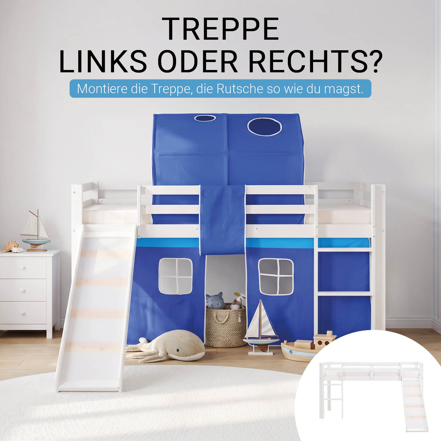 Children's Loft Bed 90x200 cm White with Blue Curtain | Slide | Tunnel | Includes Slatted Base | Includes Mattress