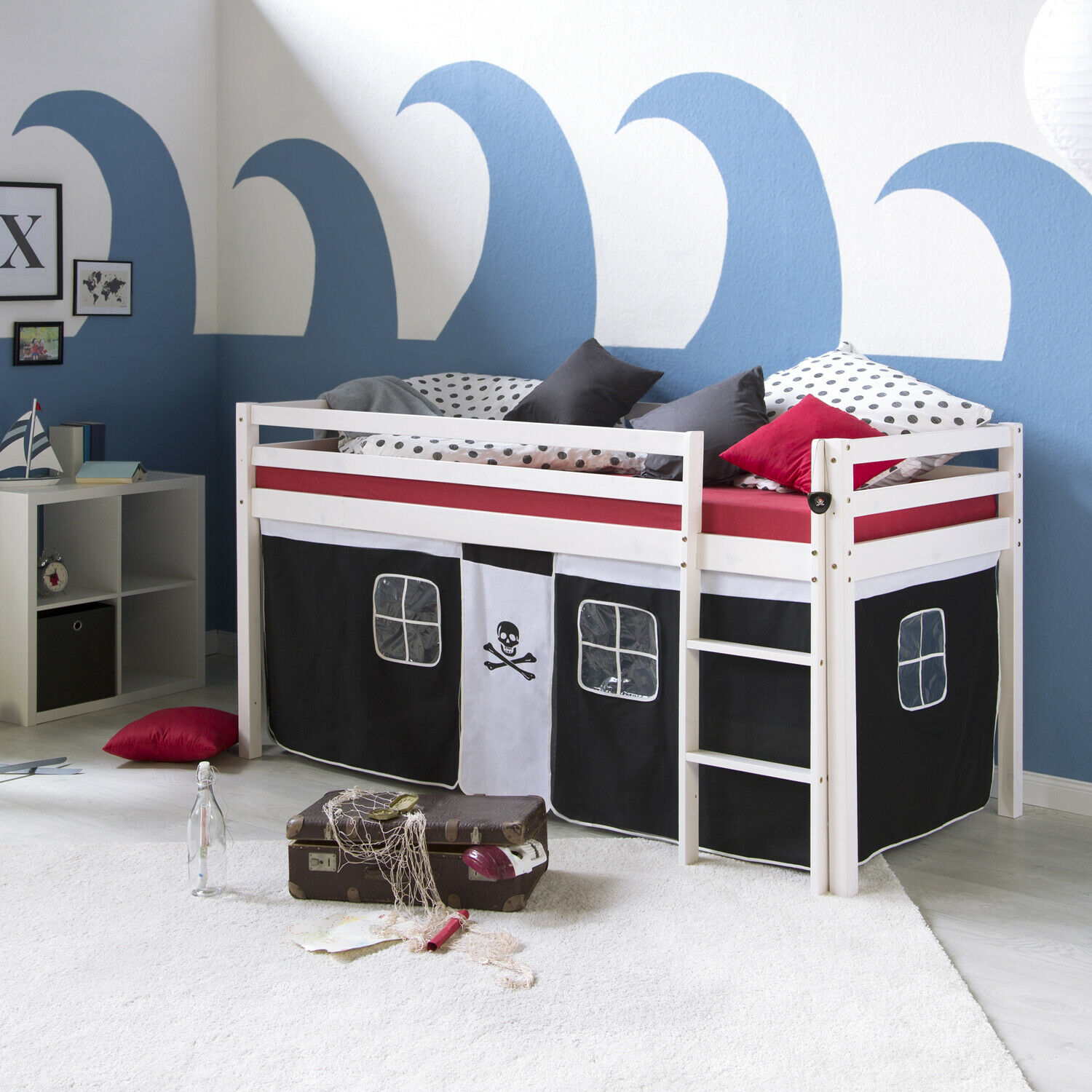 Loft Bed Kids 90x200 cm White with Curtain Black | without Slatted Frame