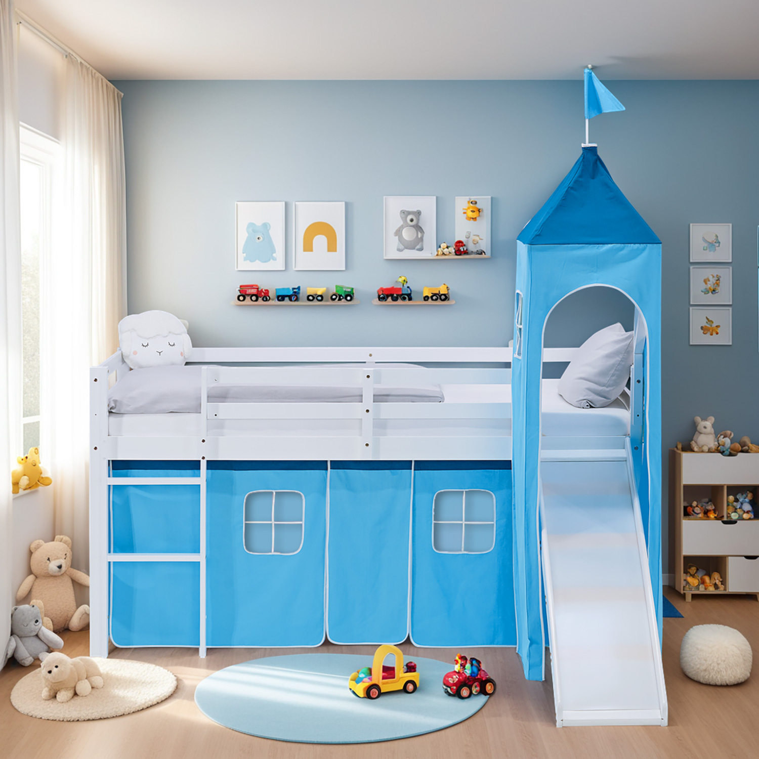 Loft Bed for Kids 90x200 cm White with Curtain in Blue | Slide | Tower | with Slatted Frame and Mattress
