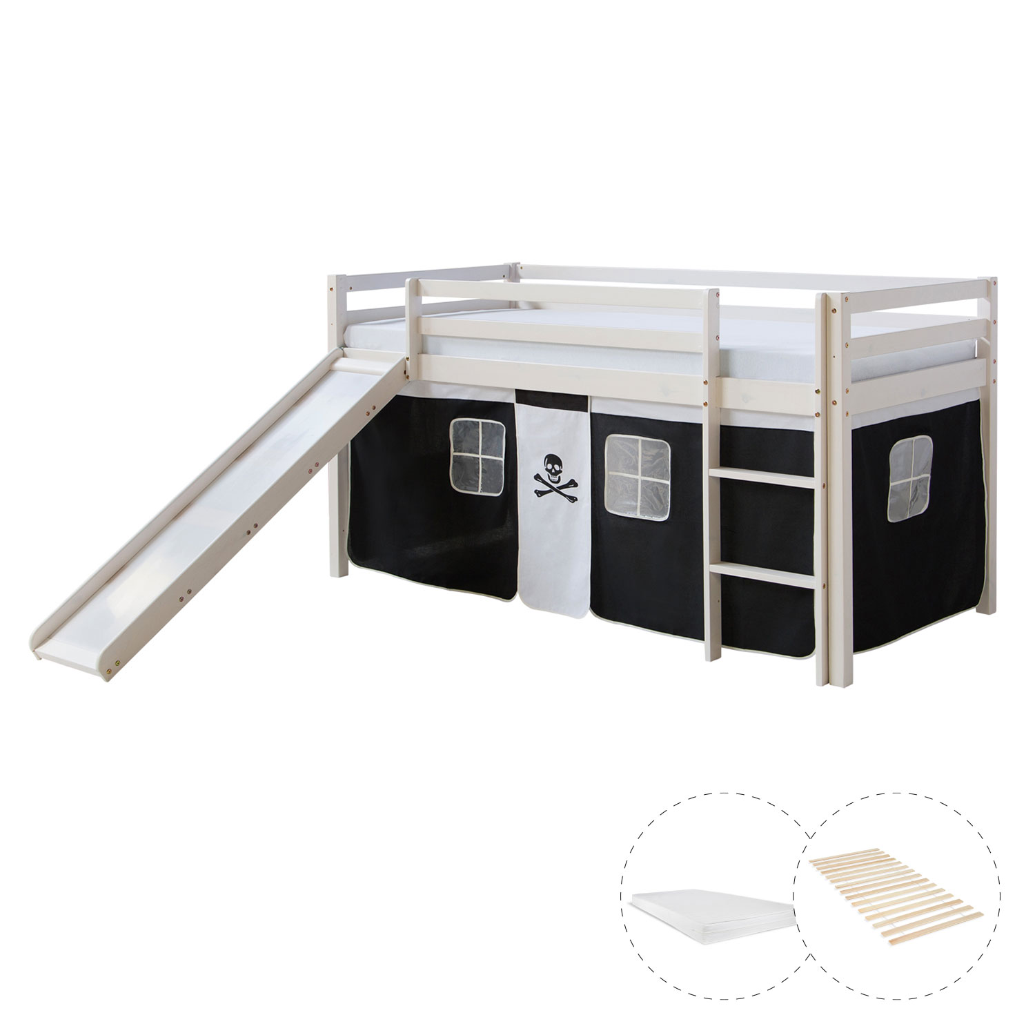 Loftbed 90x200 cm with Slide Mattress Bunk bed Childrens bed Solid Pine Wood Slats Curtain Black Pirate