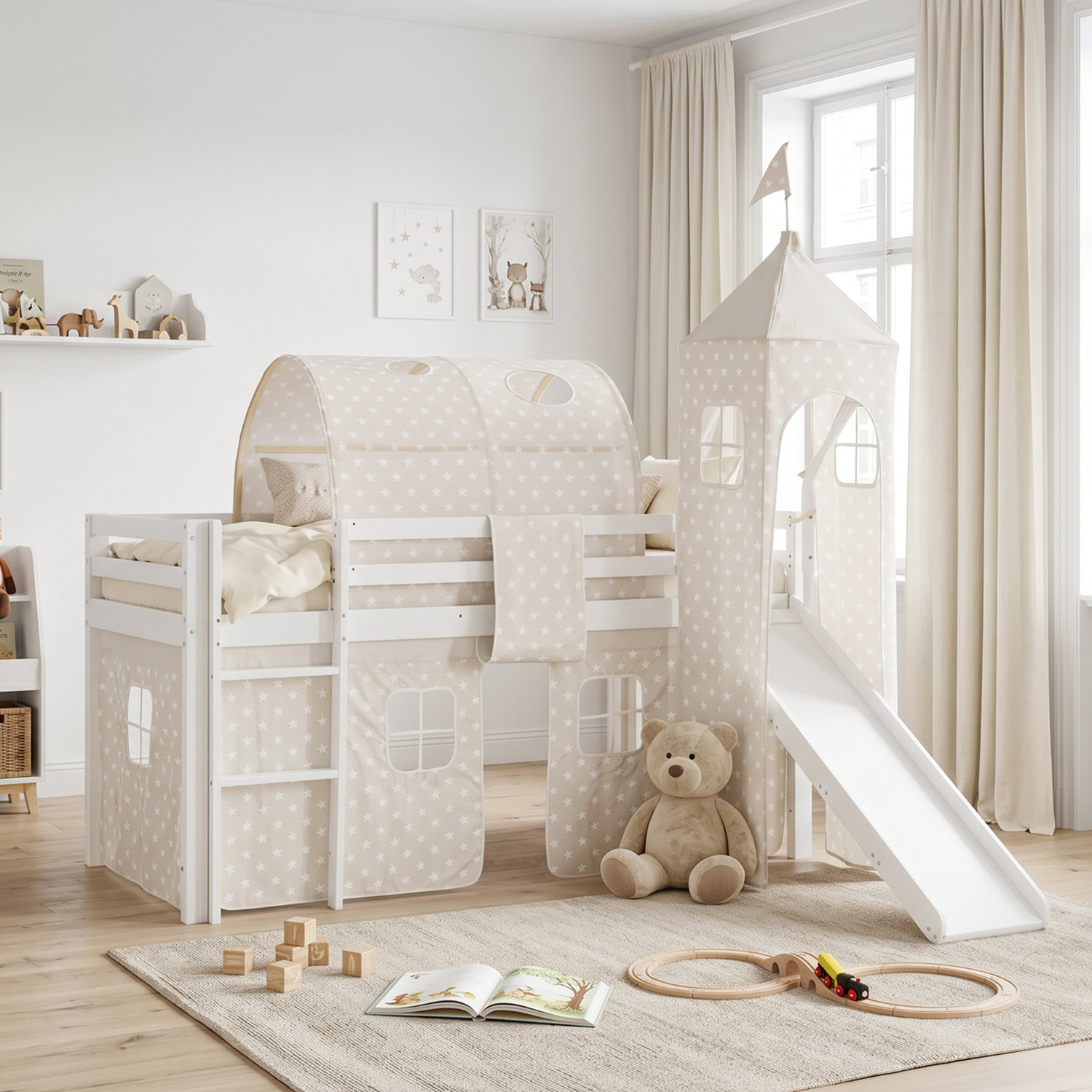 Children's Loft Bed 90x200 cm White with Star Curtain | Tunnel | Tower | Slide | Includes Slatted Base | Includes Mattress