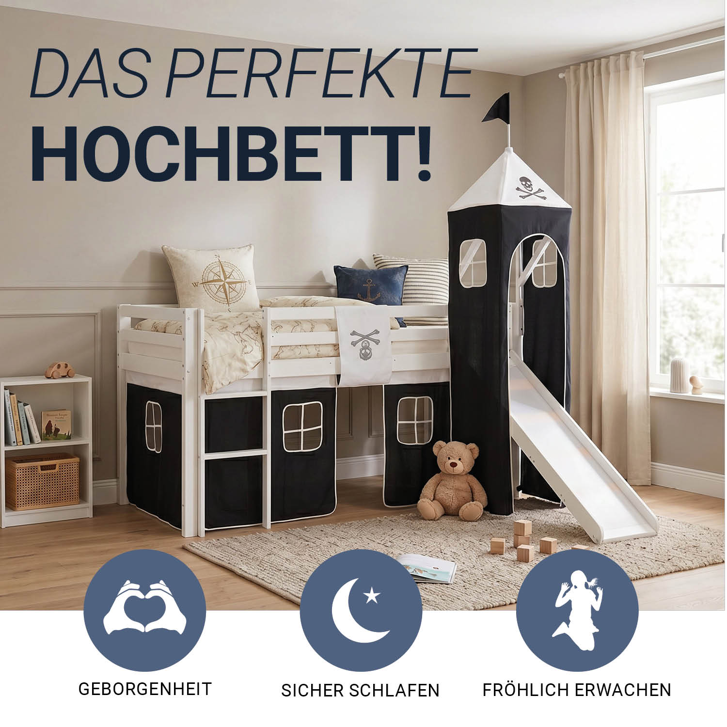 Children's Loft Bed 90x200 cm White with Black Curtain | Tower | Slide | With Slatted Base | For Boys | Pirate