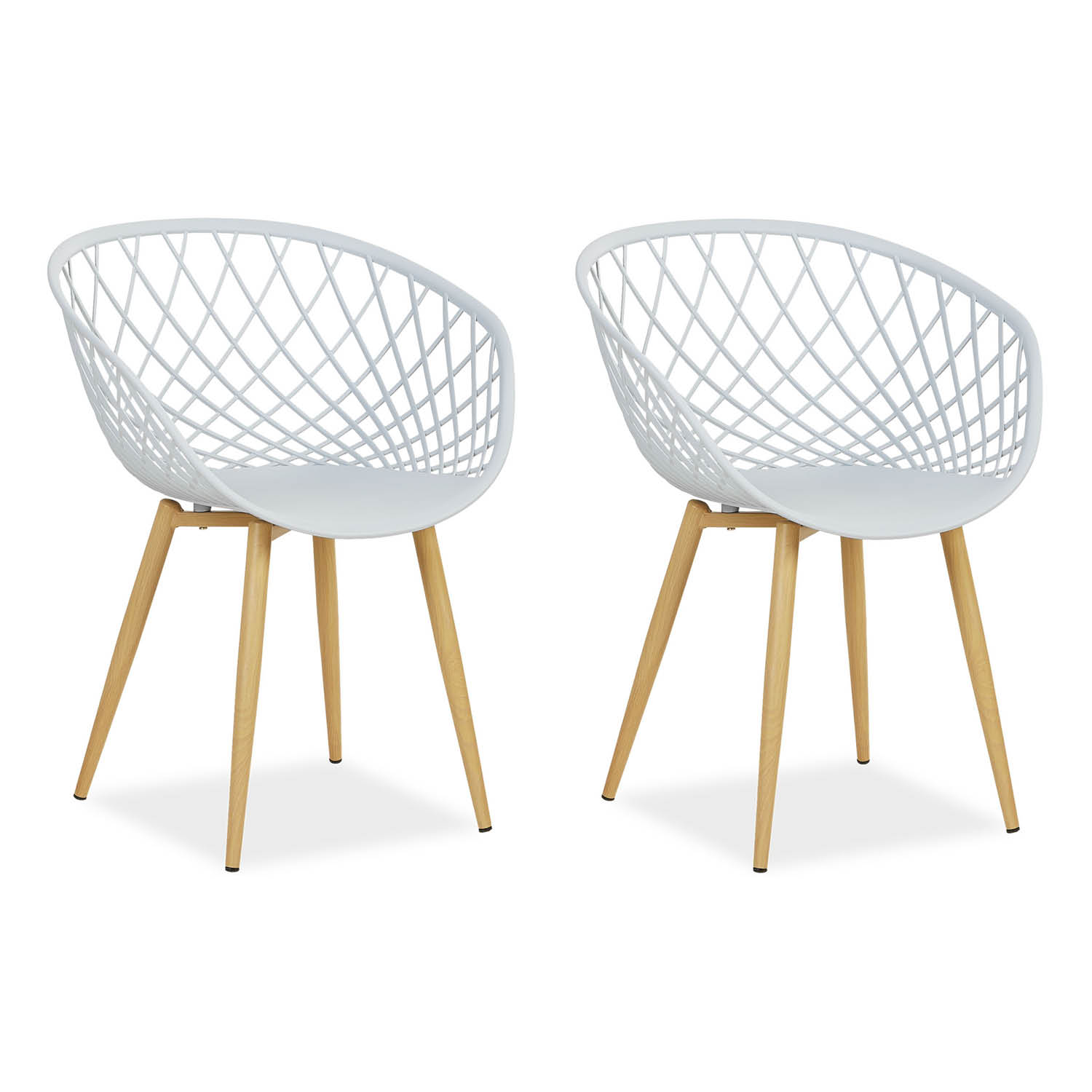 Gartenstuhl in Grau mit Ausführung aus Kunststoff und Armlehnen. Ein Stuhl mit gerundeter, rautenförmig durchbrochener Sitzschale und vier schlanken Beinen ist einzeln vor weißem Hintergrund abgebildet. Die seitlichen Armauflagen und das offene Muster sin