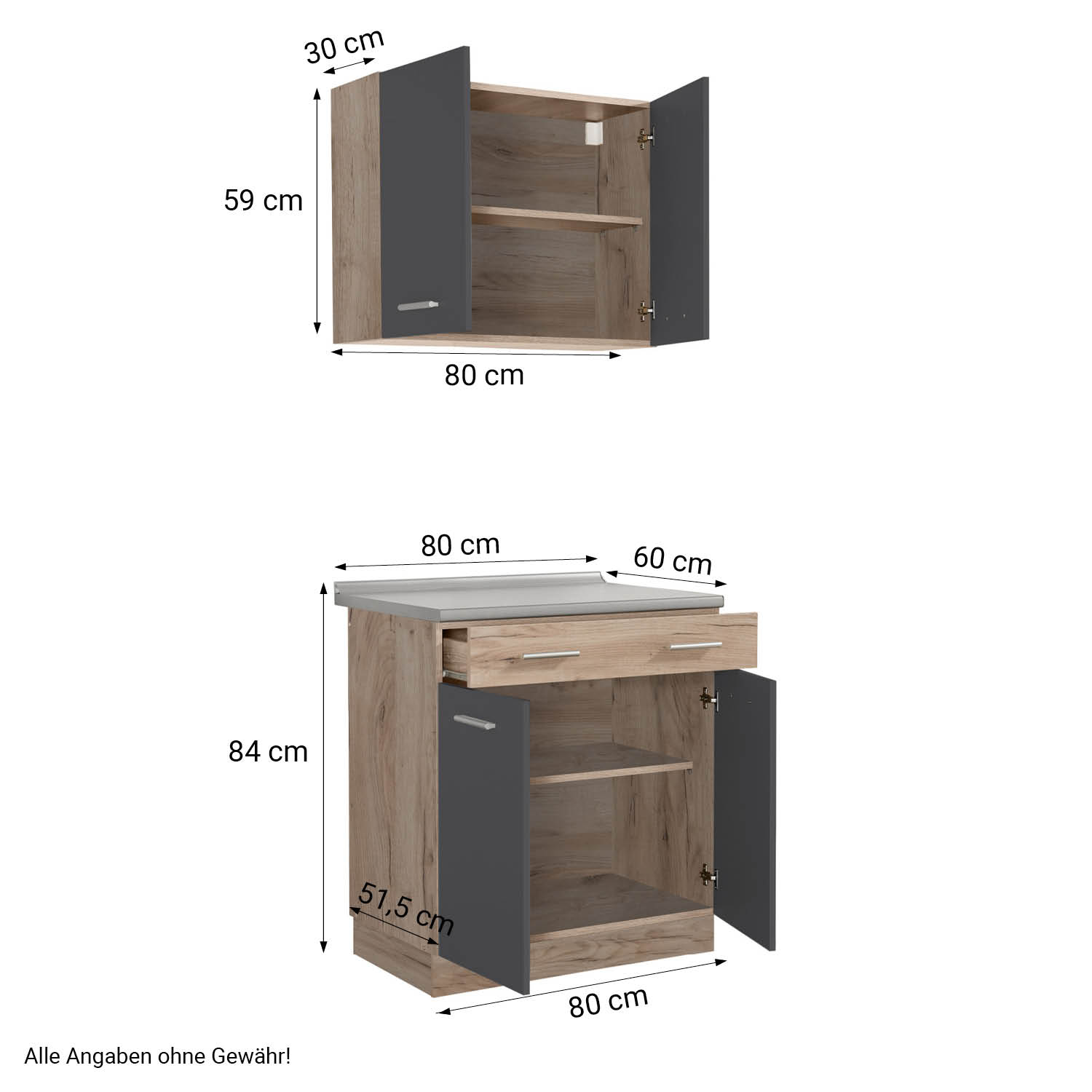 Moderne Küche Eiche Grau Küchenzeile ohne Geräte Einbauküche Singleküche Küchenschränke 80 cm