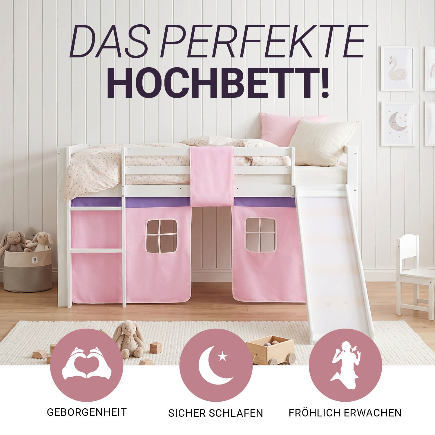 Children's Loft Bed 90x200 cm White with Pink Curtain | Slide | Includes Slatted Base | Includes Mattress