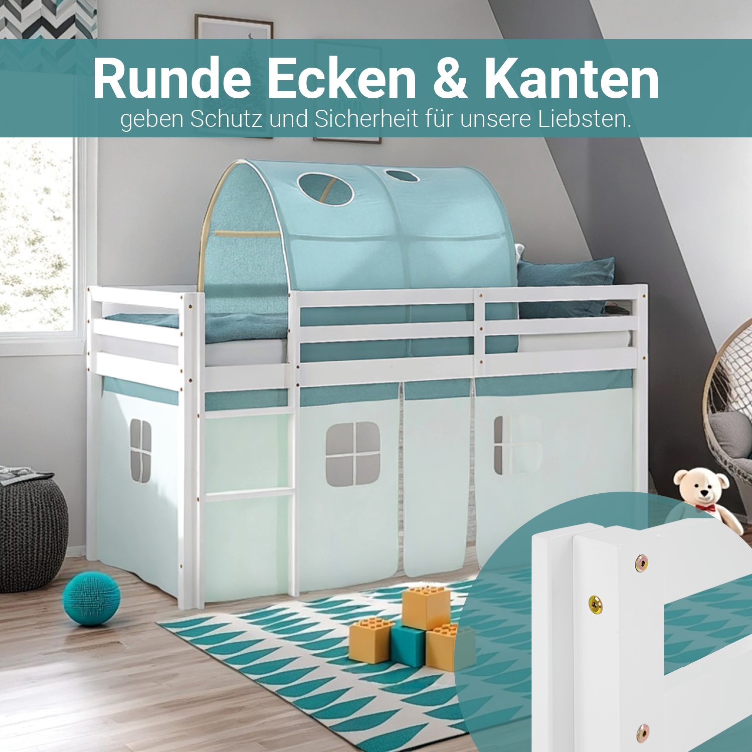 Children's Loft Bed 90x200 cm White with Mint Green Curtain | Tunnel | Includes Slatted Base and Mattress
