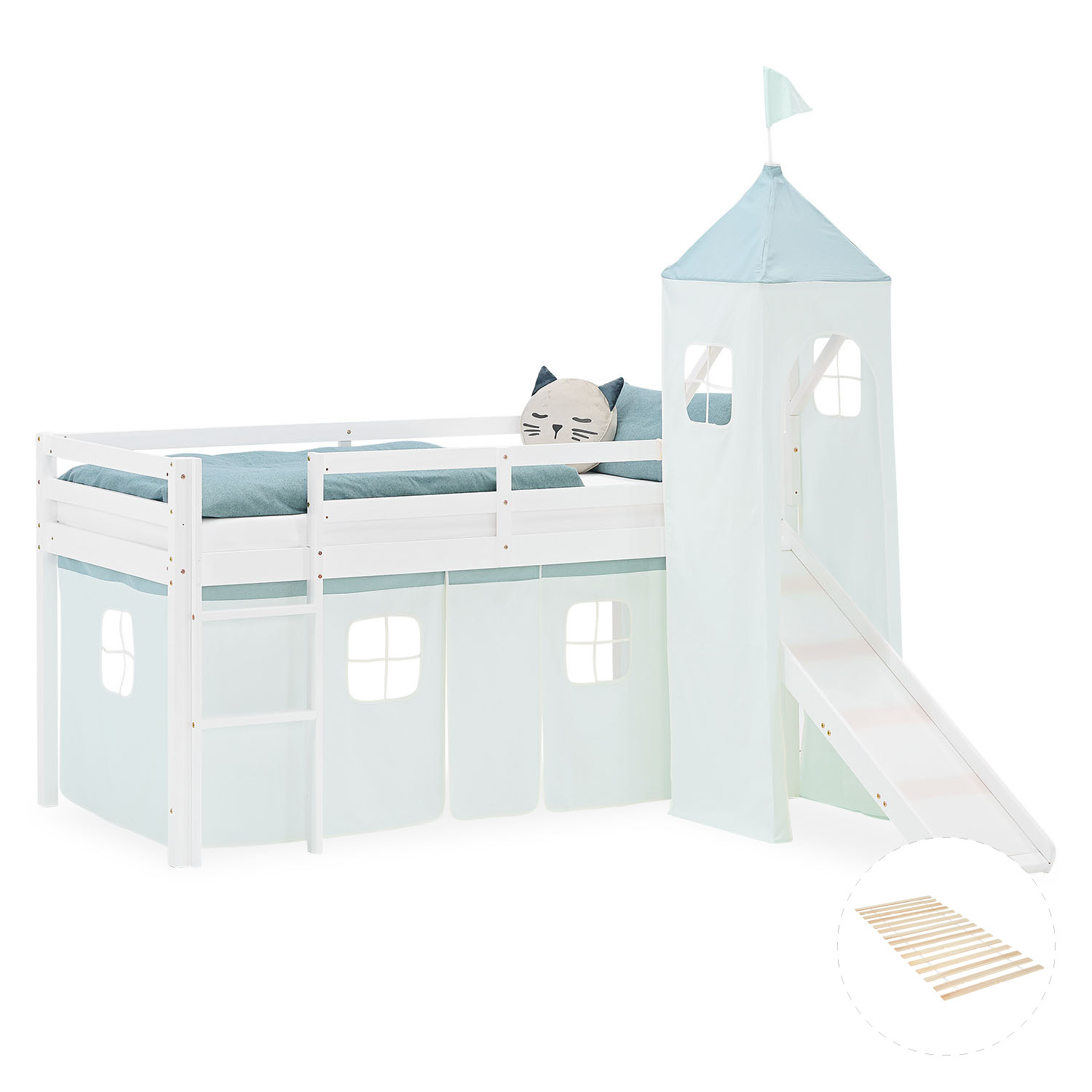 Loft Bed for Kids 90x200 cm White with Curtain in Mint Green | Slide | Tower | with Slatted Frame