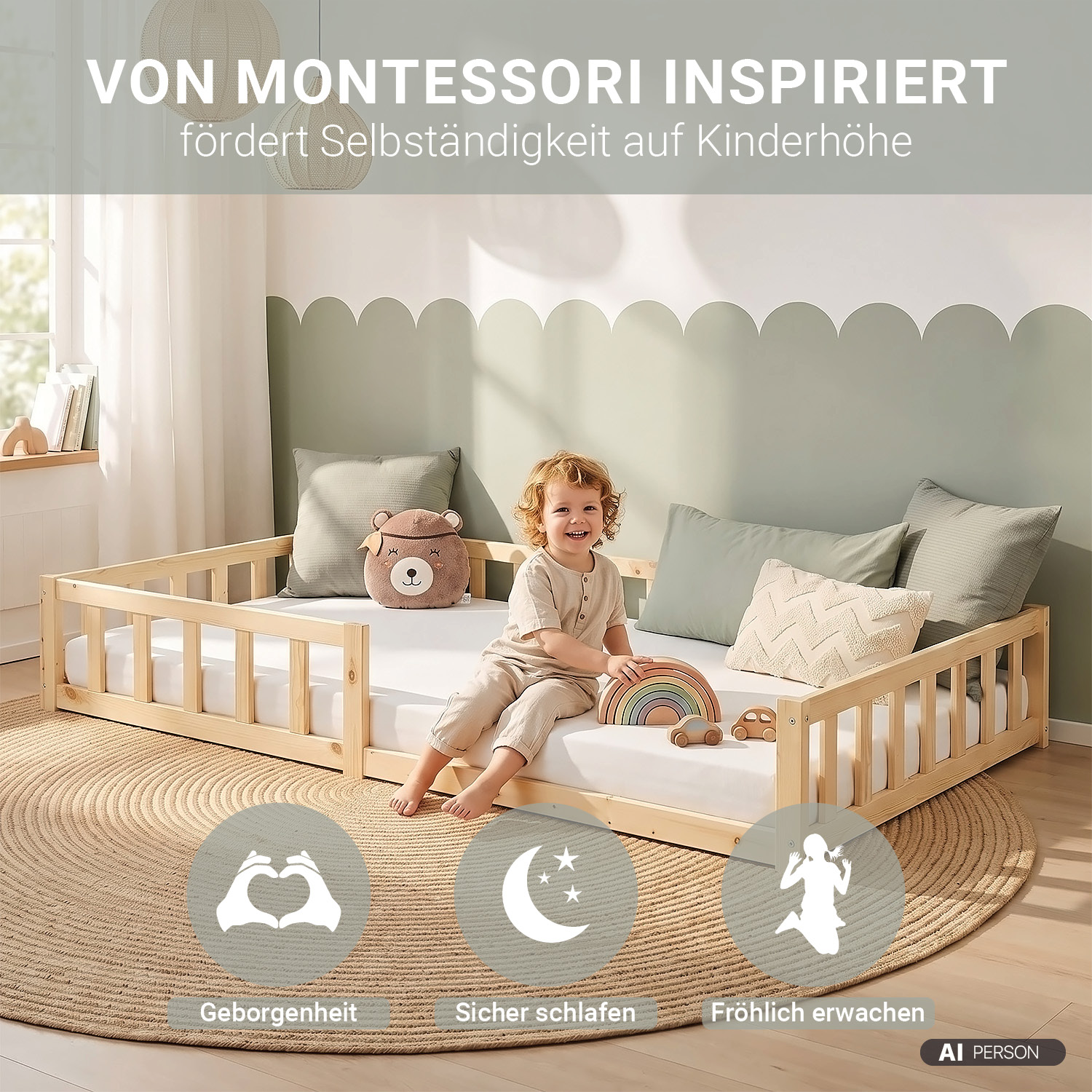 Montessori Crib 120x200 cm Natural with Safety Rail & Slatted Base – Solid Wood Crib