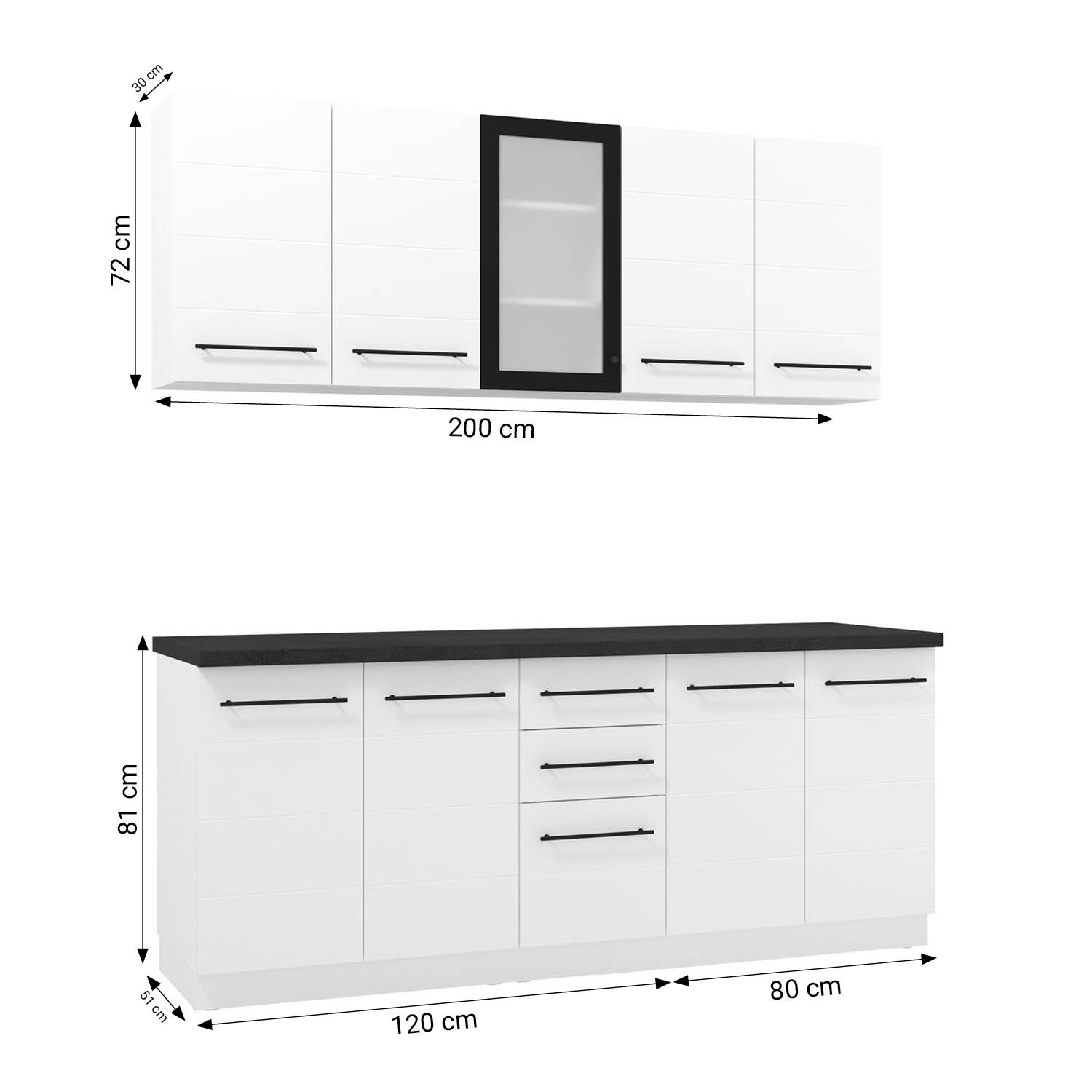 200 cm White Kitchen Unit – Modern Kitchen Unit Without Appliances, Featuring Storage Space
