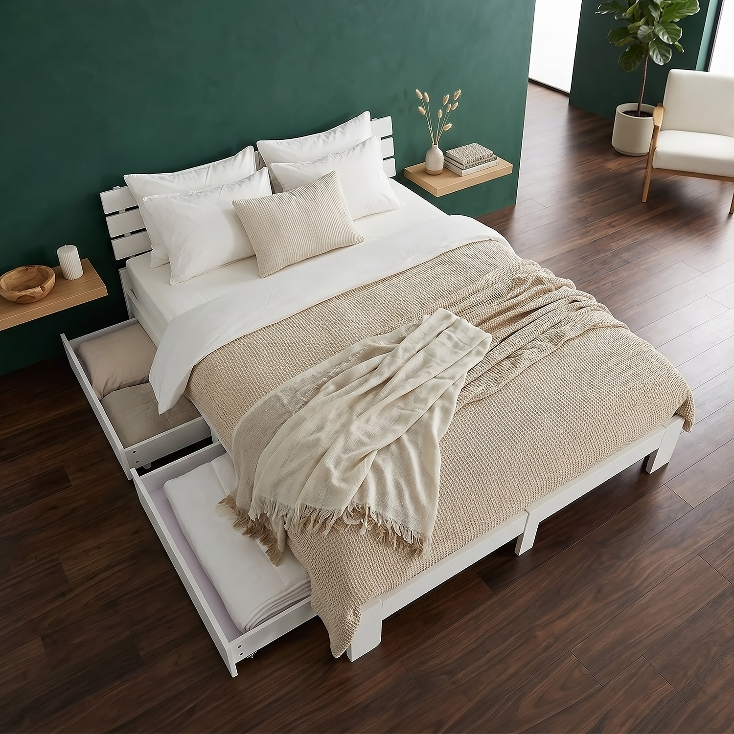 Wood Bed 180x200 cm White | Double Bed with Storage Drawers | with Slatted Frame | Solid | Kids Youth Guest Bedroom