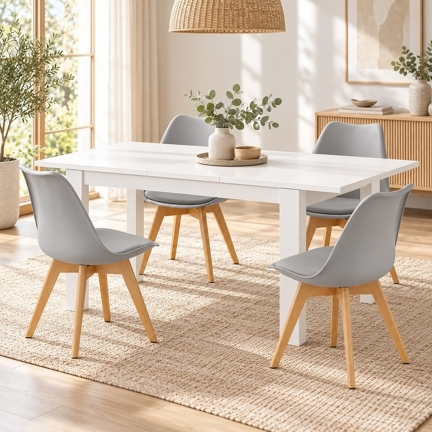 Dining Set (5-Piece): 120x80 cm white extendable dining table with 4 grey plastic chairs and wooden legs