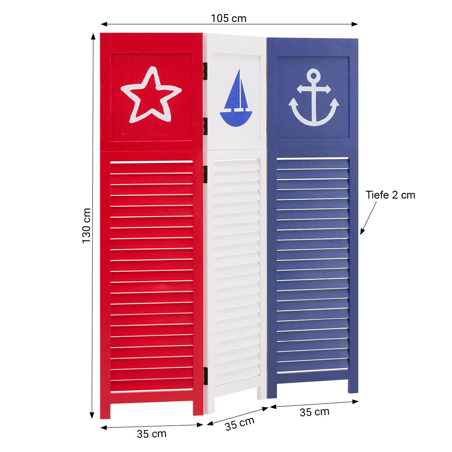 Paravent Red White Black Maritime Motifs | 3-panel | Wood | Room Divider Partition Privacy Screen