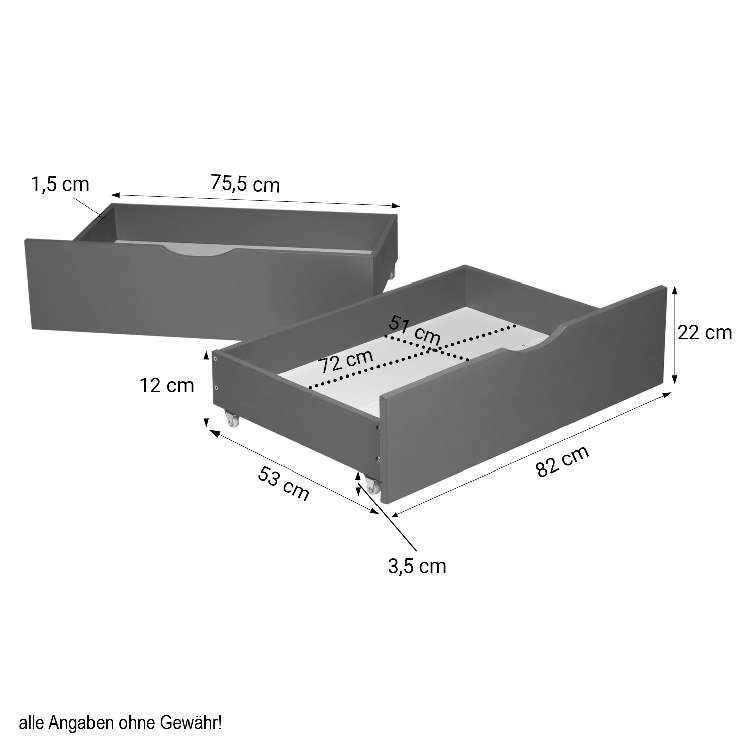 Bed Drawer Set of 2 Drawers Wood Storage with Rollers Pull-out Bed Box Grey