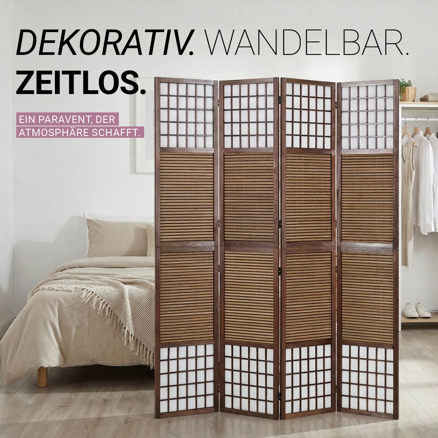 Paravent Brown Bamboo Shoji Rice Paper White Height 200 cm | 4-panel | Wood | Room Divider Partition Privacy Screen