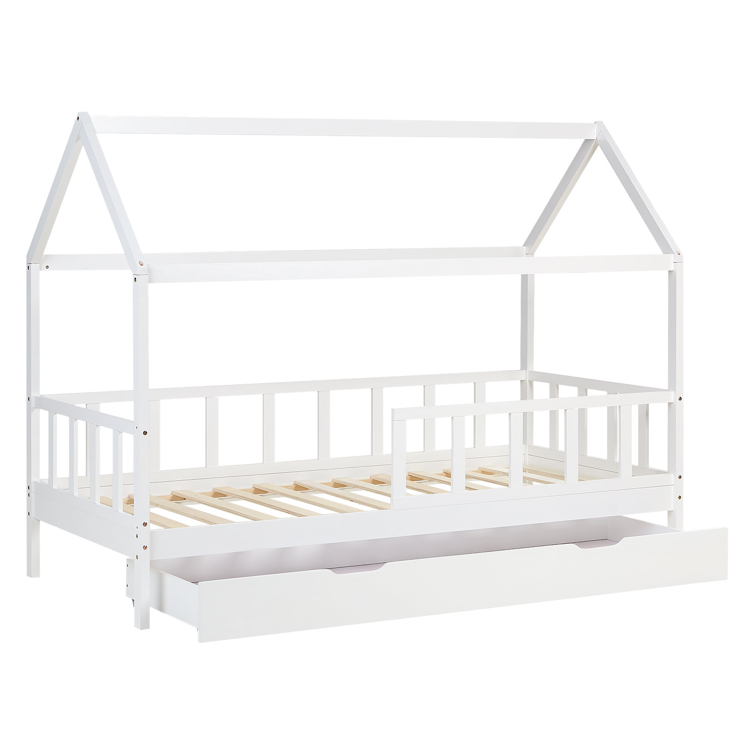 Children's Bed 90x200 cm White | House Bed with Fall Protection and Bed Drawer | Montessori | Single Bed | with Slatted Frame | Wood