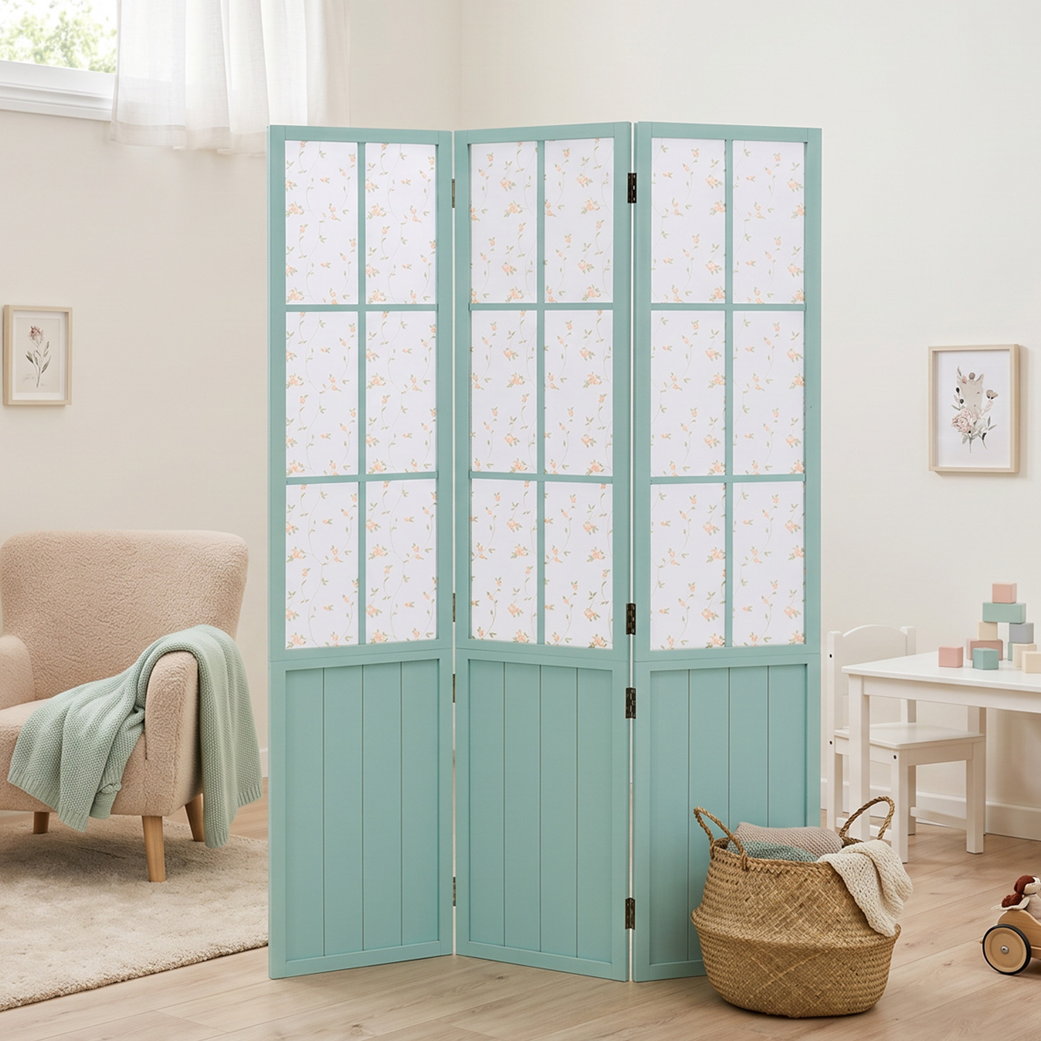 Turquoise Room Divider – 3-panel, country-style with floral pattern & fabric covering