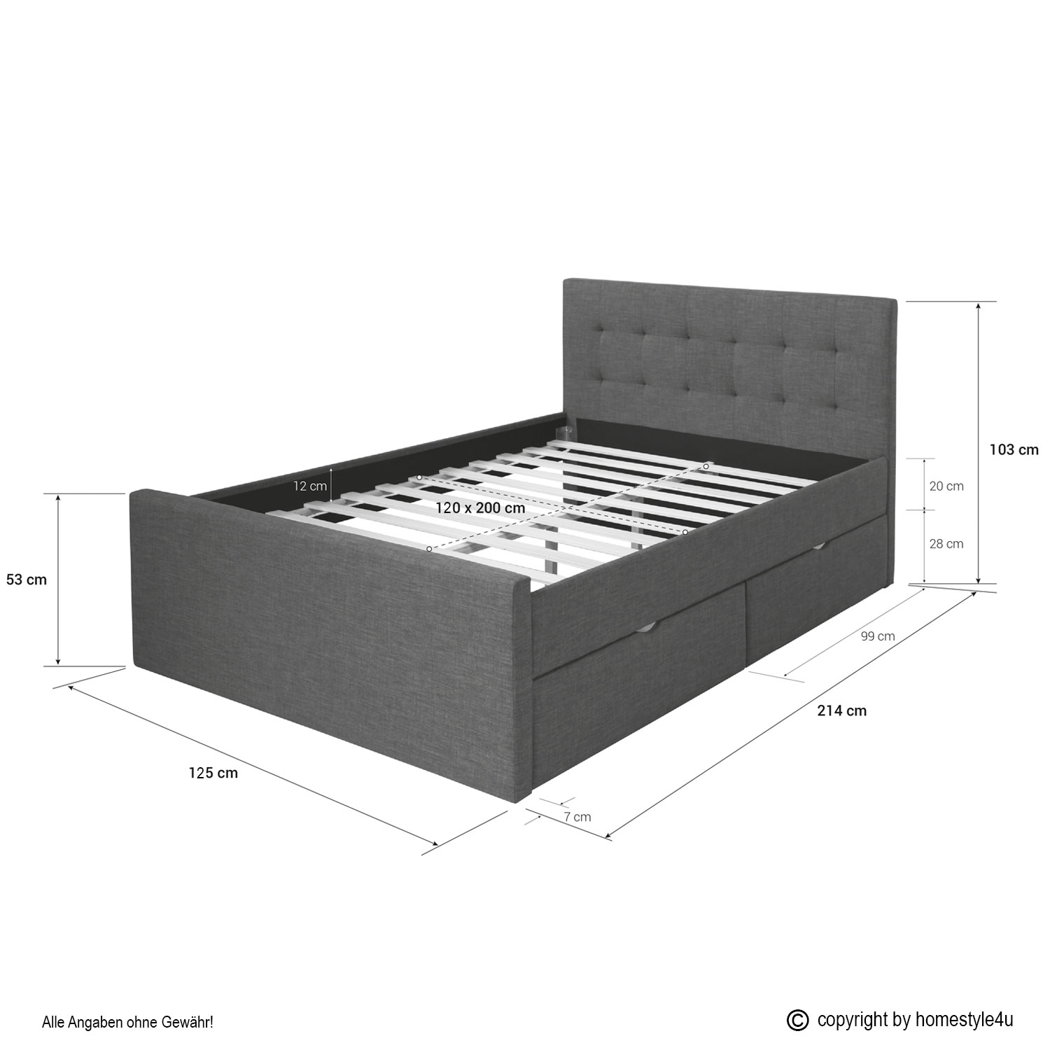 Upholstered Bed Frame Double Bed 120x200 Grey Platform Bed Fabric Headboard 2 Drawers