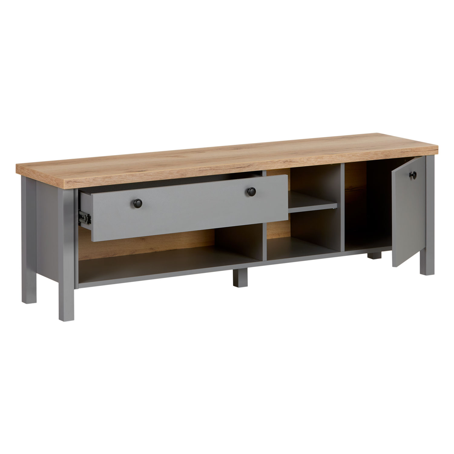 TV Board Grey TV Cabinet 146.5 cm Lowboard Sideboard TV Bench with Storage Natural Wood