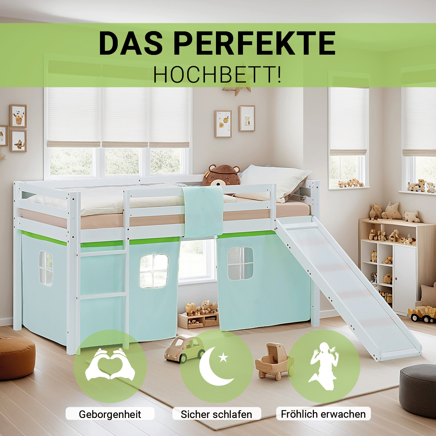 Loft Bed for Kids 90x200 cm White with Curtain in Green | Slide | with Slatted Frame and Mattress