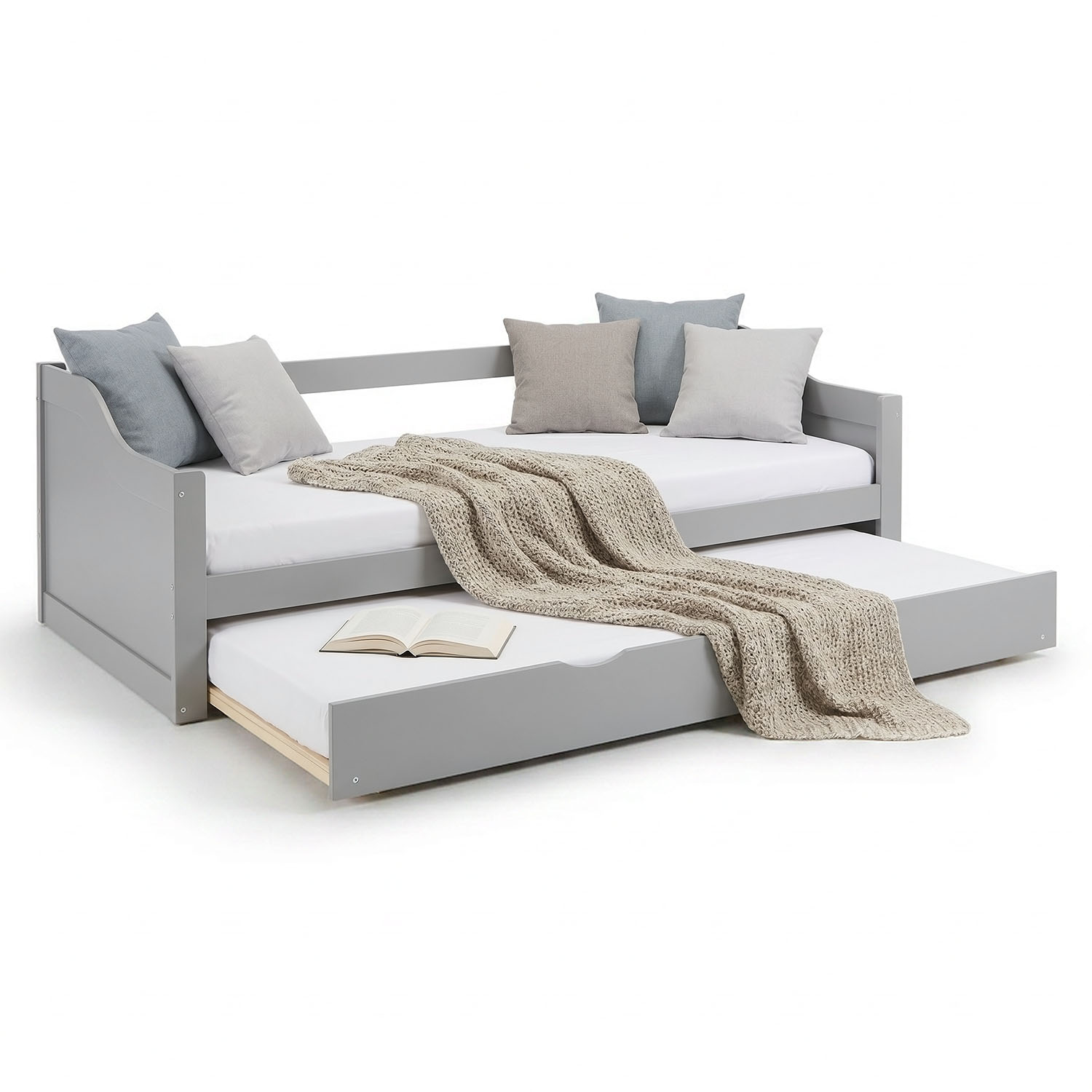 Guest bed Wooden bed 90x200 cm White Gray Natural Daybed Pull-out bed Youth bed Pull-out bed Functional bed 2 mattresses