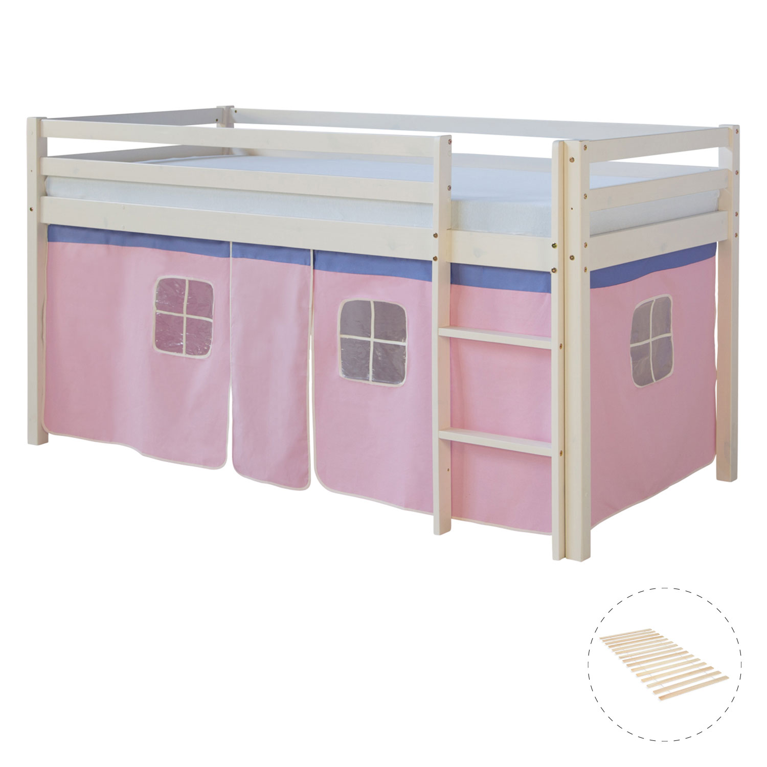 Loft Bed Kids 90x200 cm White with Curtain in Pink | with Slatted Frame