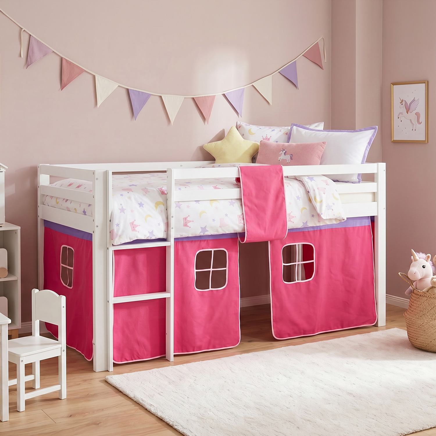 Loft Bed Kids 90x200 cm White with Curtain in Pink | without Slatted Frame