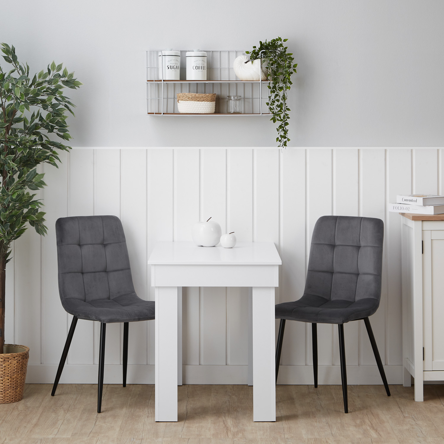 Dining set | 2-piece set upholstered chairs grey velvet without armrest | dining table white 90 x 60 cm