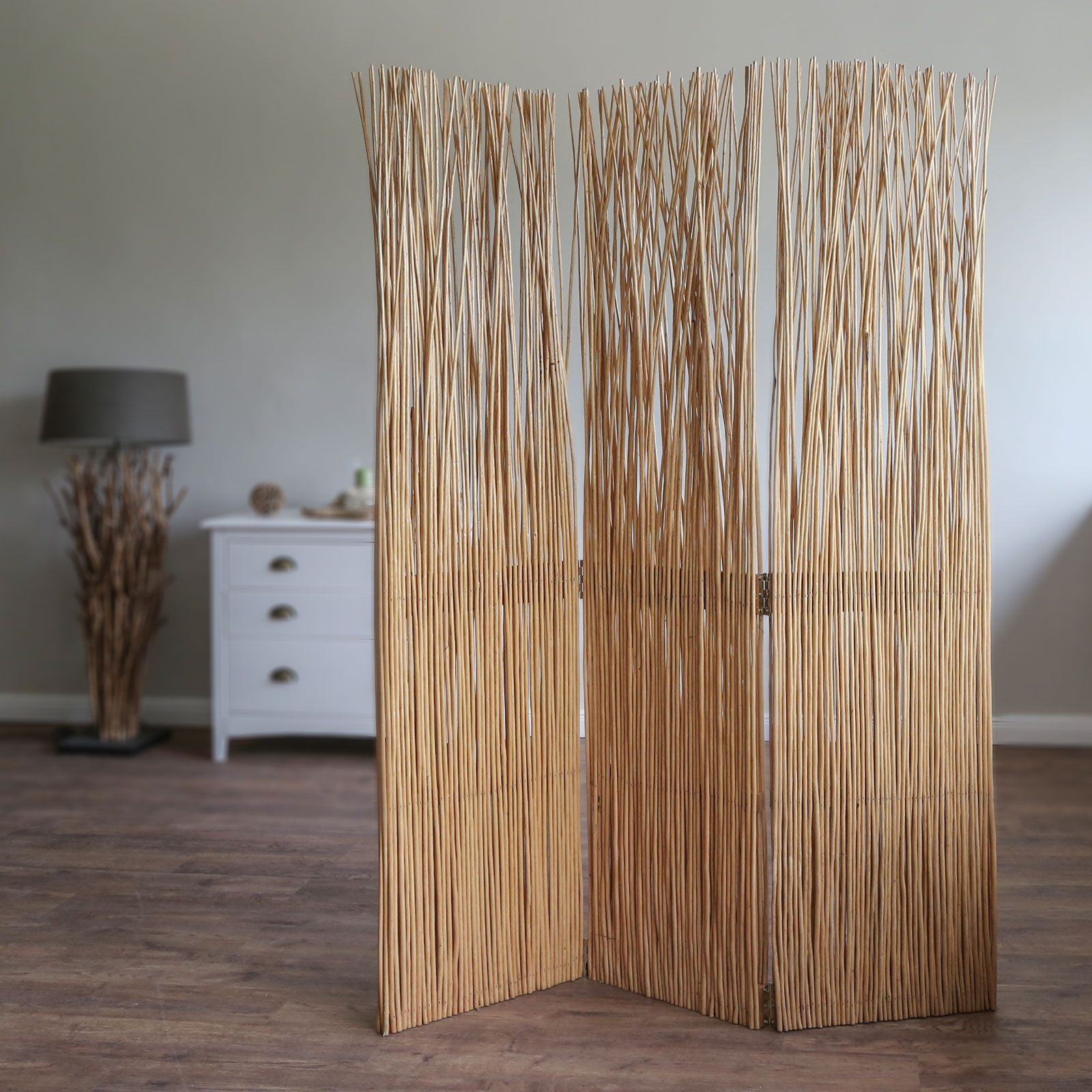Paravent room divider 3 parts wood partition wall privacy screen brown nature grey