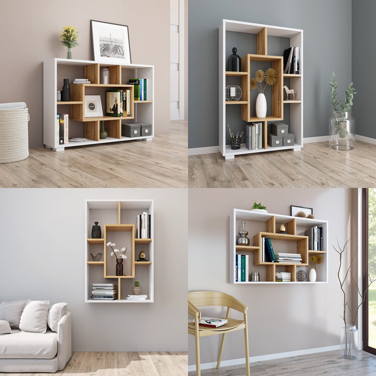 Shelf 4 Versions Floor or Wall Shelf 7 Compartments Bookcase Oak White Wood Solid Modern