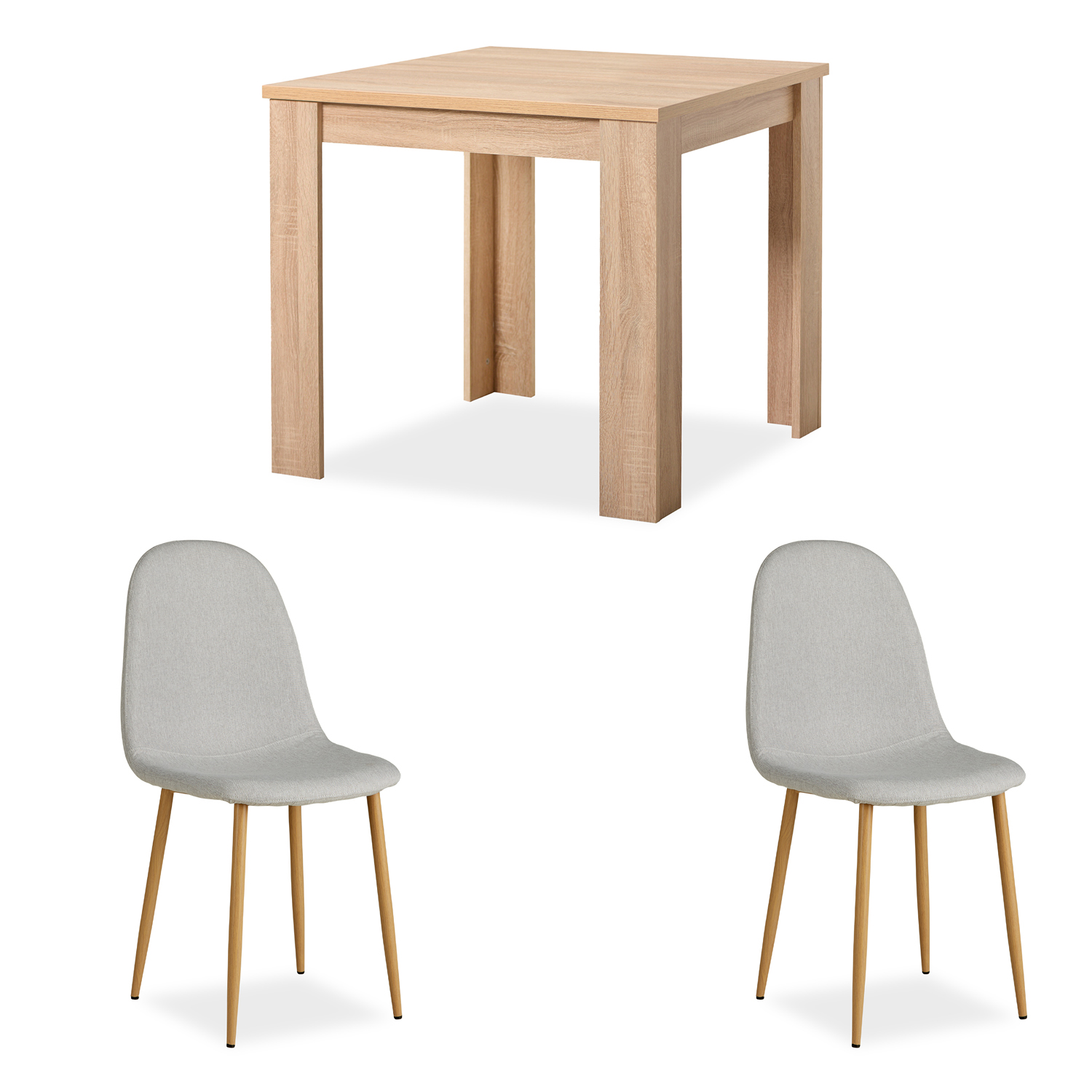 Essgruppe in Grau und Naturholzfarbe mit Holzelementen. In der eingerichteten Szene sind Bilderrahmen, Blumen in einer Vase, Tassen und ein heller Teppich zu sehen.